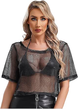 Oyolan Fishnet Crop Top for Women Neon 80s Disco T-Shirt Mesh See