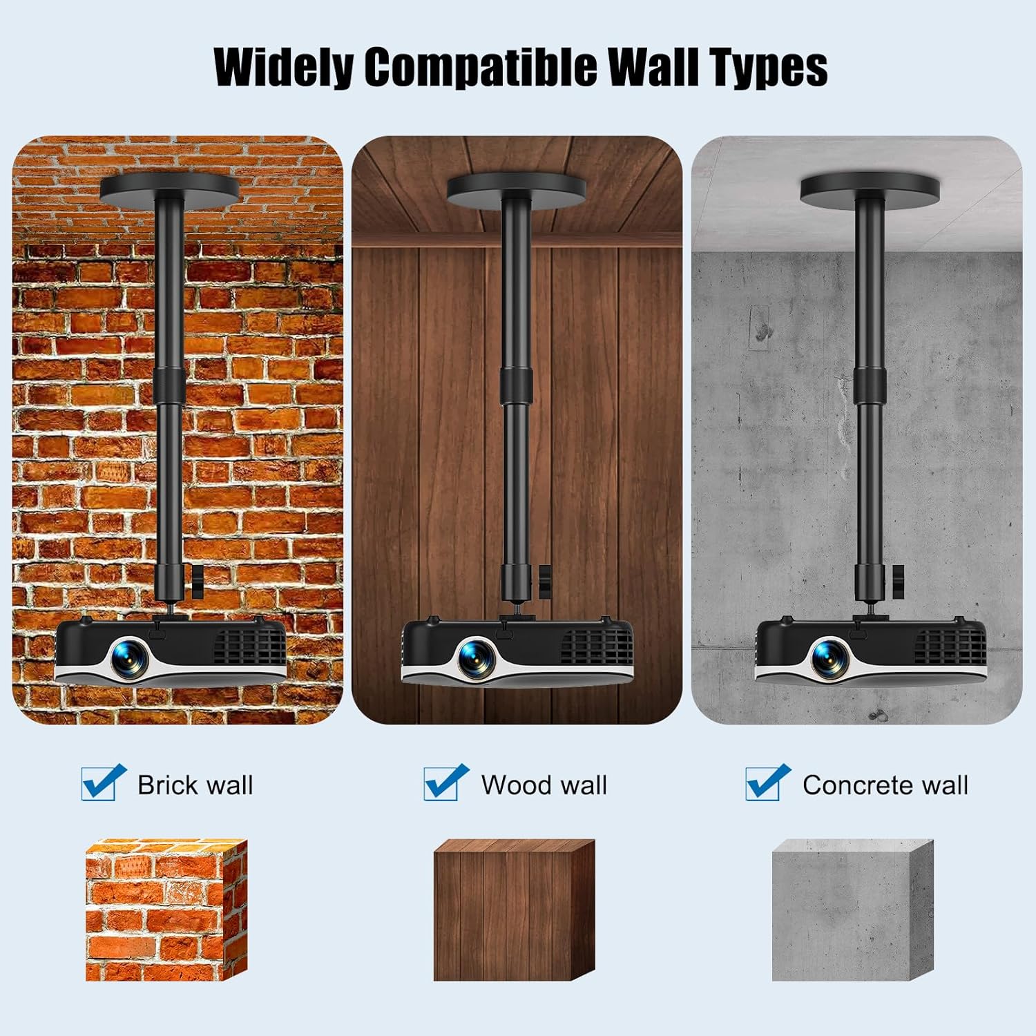 Projector Ceiling Mount, 10.8" - 15" Extendable Length Ceiling Projector Stand with 1/4" Screw, Compatible with TMY, HAPPRUN, Aurzen & Most Device, 360° Rotation & 120° tilt for Ceiling Wall Use