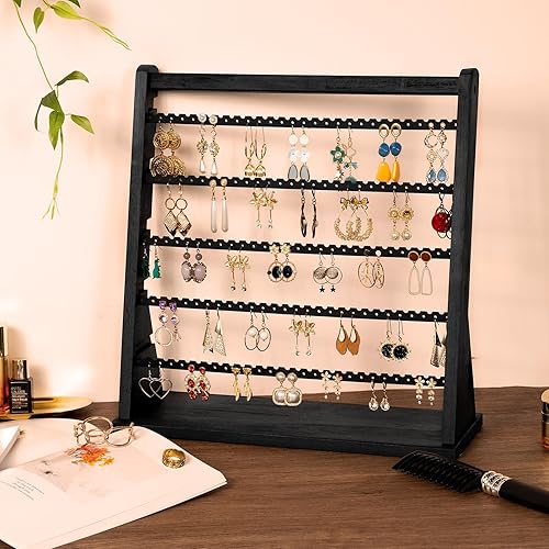 Vista 2 de Poyilooo Soporte organizador de aretes, estante de madera rústica para aretes, organizador de joyas de 5 capas con 270 agujeros de árbol para aretes