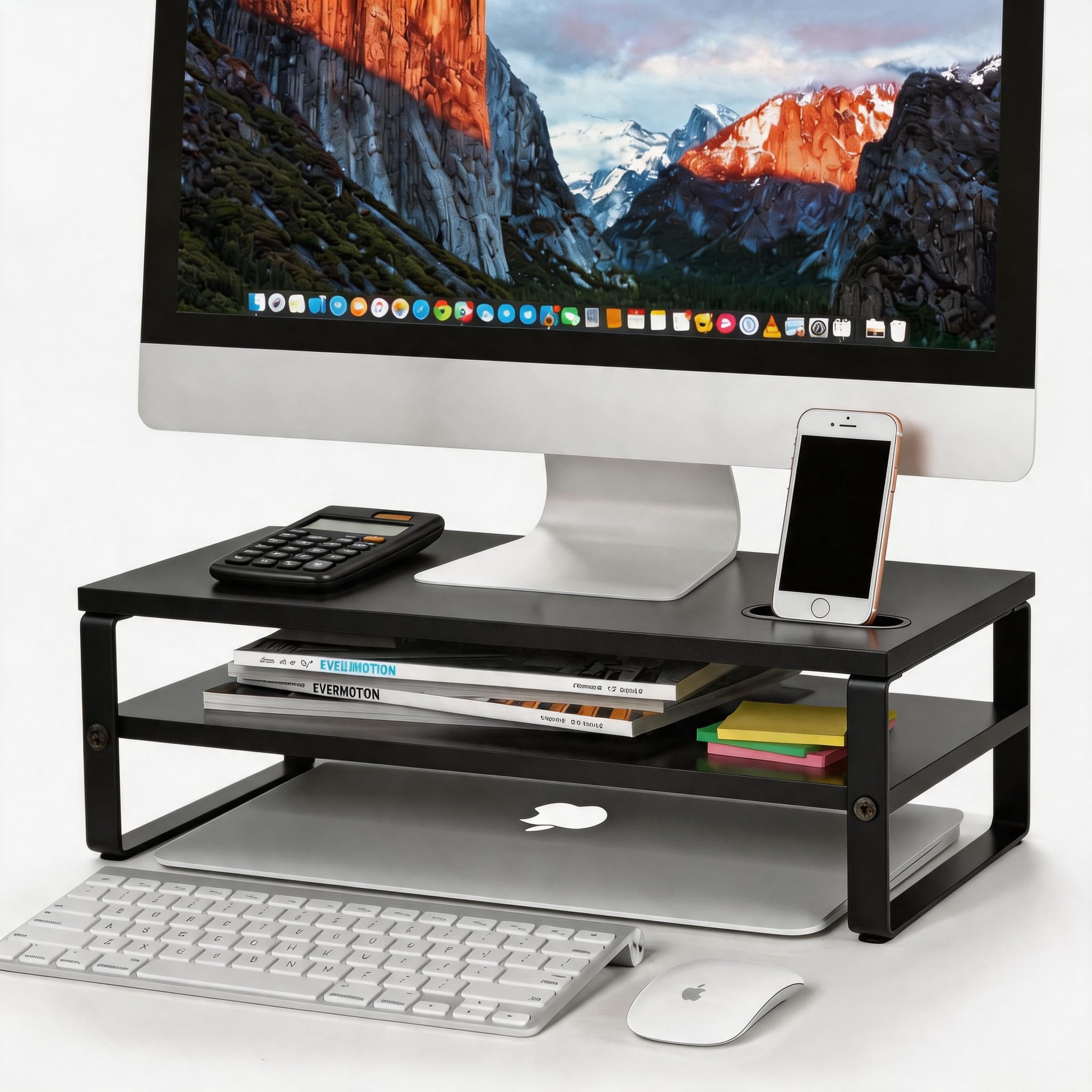 Supporto per monitor con supporto per telefono, supporto ergonomico per laptop a 2 livelli con cuscinetti antiscivolo per computer, notebook, iMac, PC, carico 50 kg, organizer da scrivania