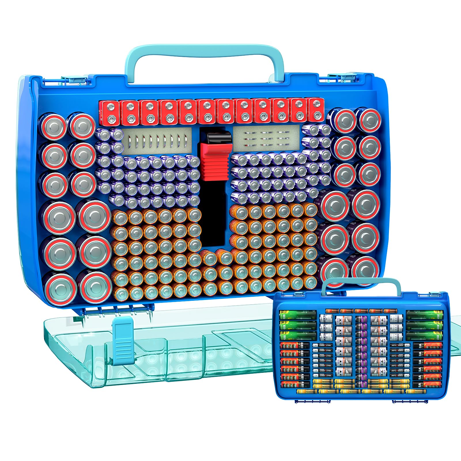 Grande capacità 269 Battery Organizer Case con tester, doppio lato porta batteria contenitore per batterie AA AAA AAAA C D 9V al litio 3V CR123 CR1632 18650 (solo scatola) (blu)