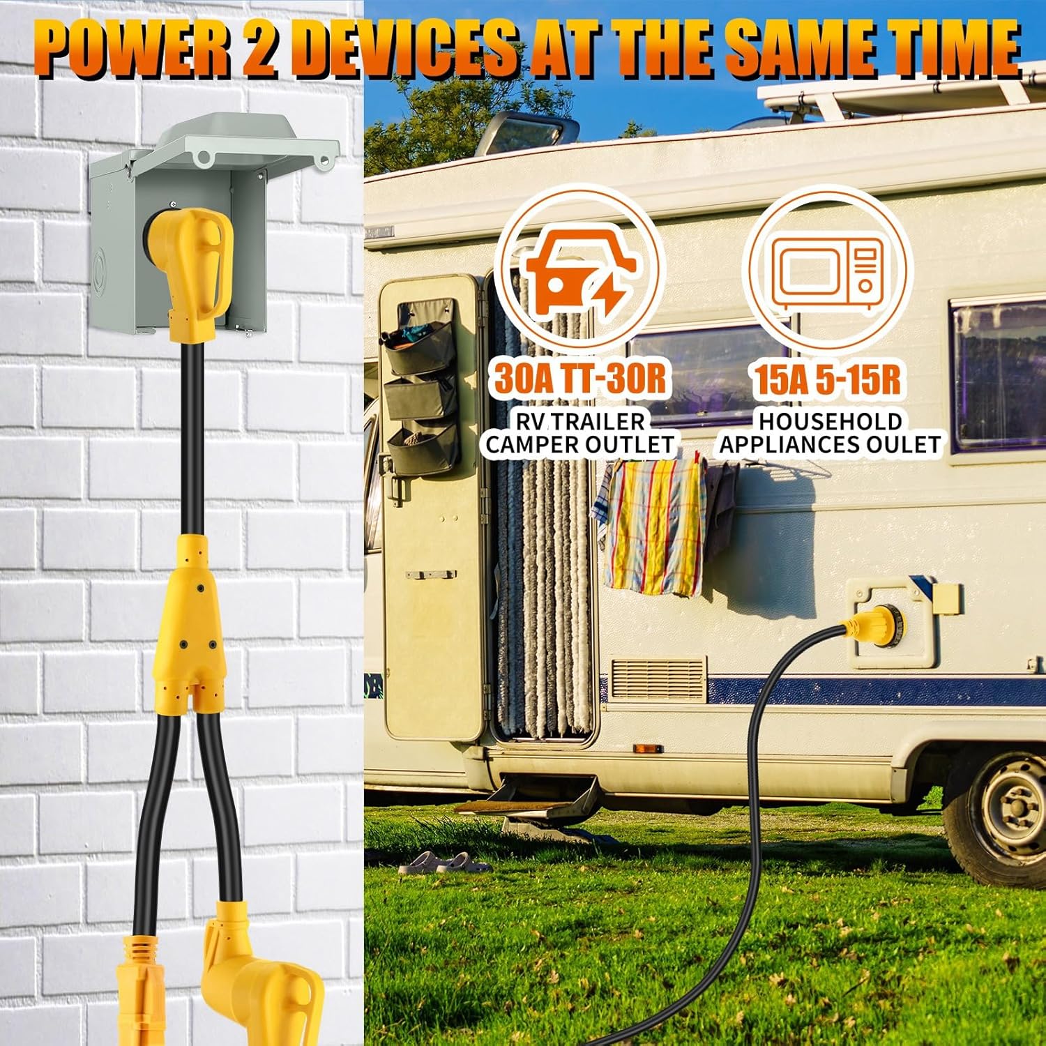 Kanayu RV Y Adapter Power Cord Compatible with NEMA 14-50P to TT-30R & 5-15R, 50 Amp to 30Amp & 15Amp RV Power Splitter Cord, STW 10 Gauge for Trailer Common Household Appliances, ETL Listed