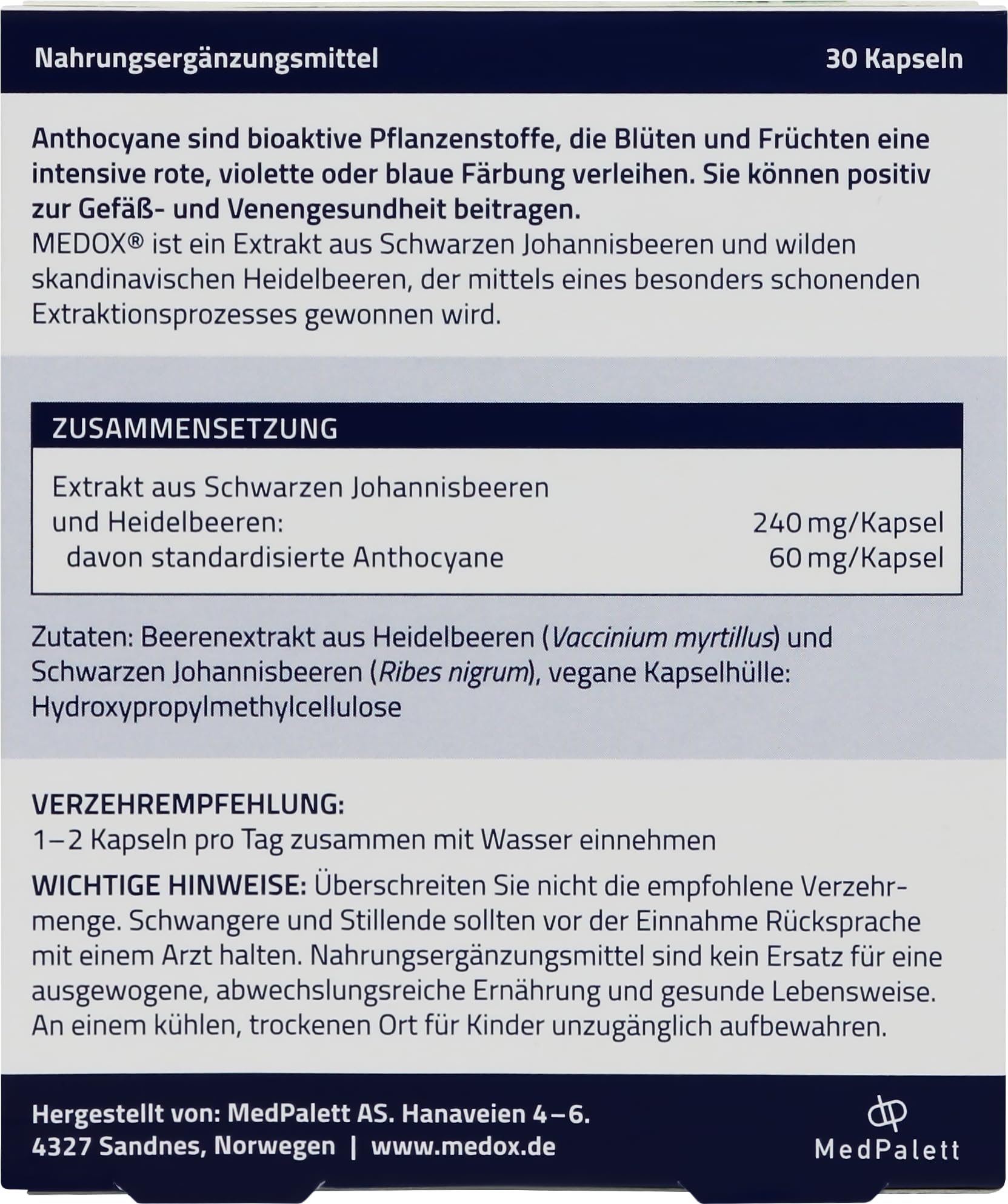 MEDOX Klassisch Anthocyane Kapseln, 30 Kapseln | Wilde Heidelbeeren & Schwarze Johannisbeeren, 60 mg standardisierte Anthocyane, 17 Anthocyane, Gefäße & Venen, vegan