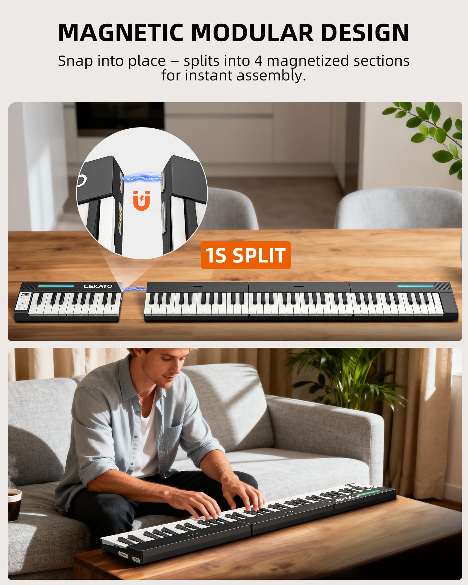 LEKATO Tragbares Piano Keyboard 88 Tasten, Magnetisch Faltbar E-Piano, 128 Sounds 128 Rhythmen Bluetooth MIDI Split Aufnahme, für Anfänger Reise Home