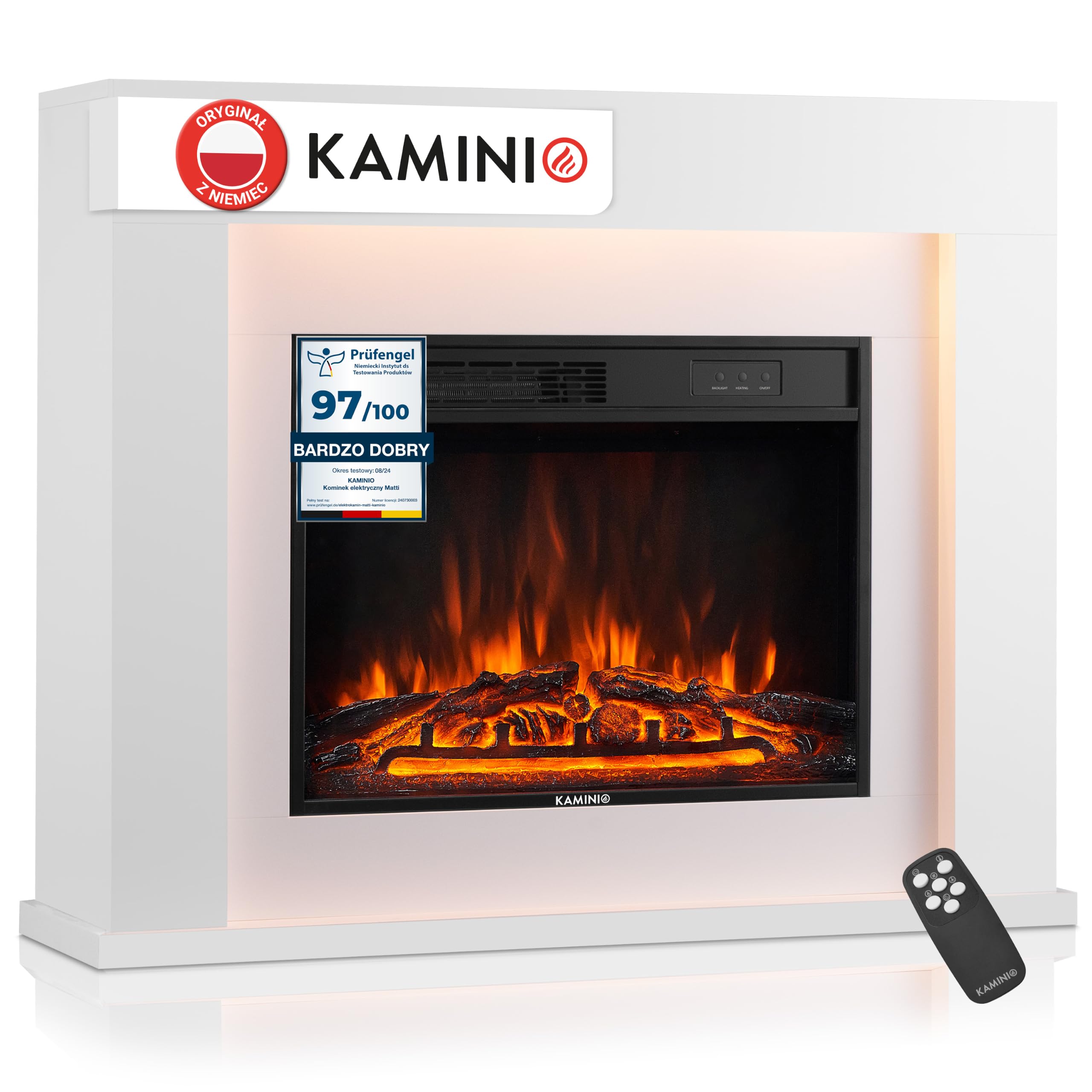 KAMINIO Kominek elektryczny MATTI – elektryczny kominek stojący z ogrzewaniem, efekt płomienia 3D, Oświetlenie otoczenia LED, pilot zdalnego sterowania, biały