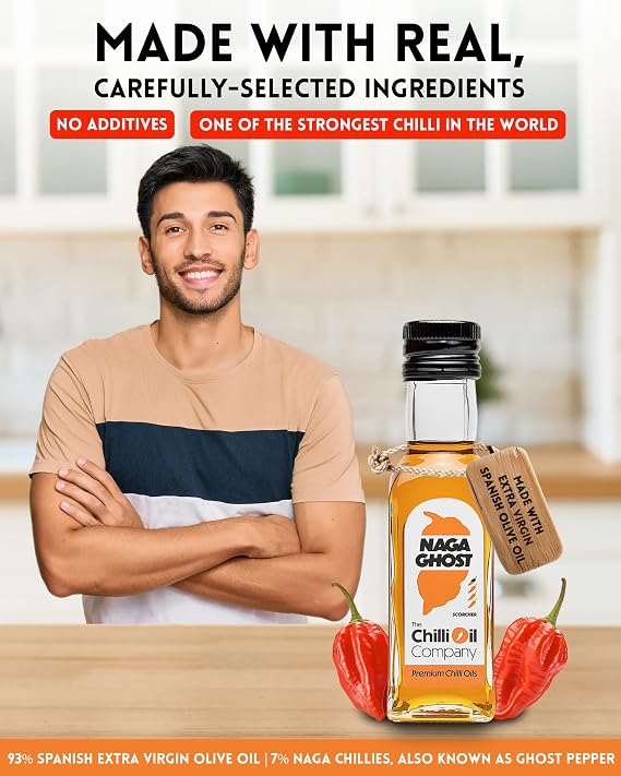 Naga Ghost Chilli, 125 mL - Hot Sauce with Spanish Extra Virgin Olive Oil & Dried Ghost Pepper - No Additive Chicken Wing & Buffalo Sauce by The Chilli Oil Company, Pack of 1