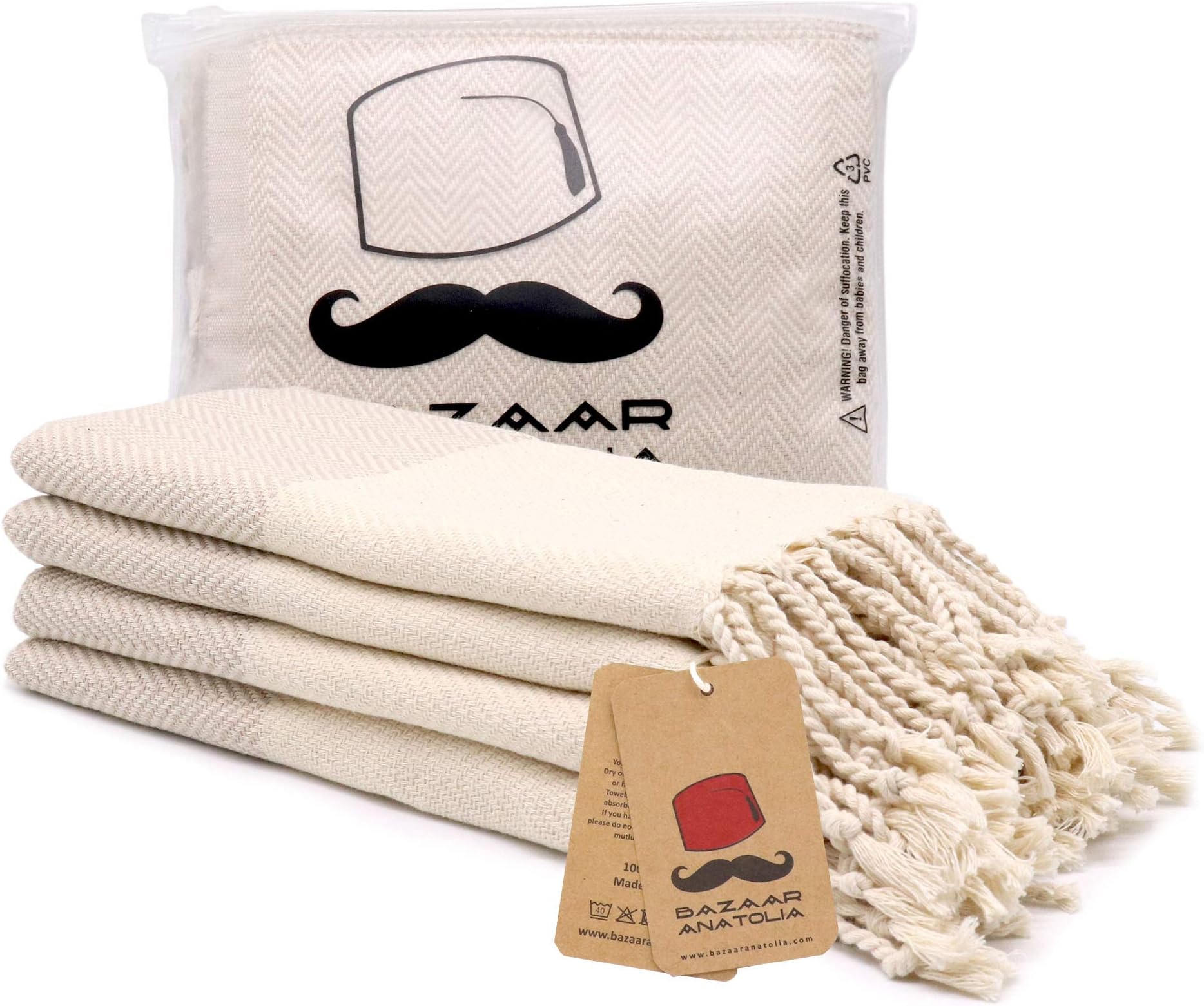 Bazaar AnatoliaTurkish Hand Towels Set of 4 Bathroom Towels 39x19 inches 100% Cotton Bath Kitchen Towels with Hanging Loop Boho Farmhouse Decor - Herringbone Beige