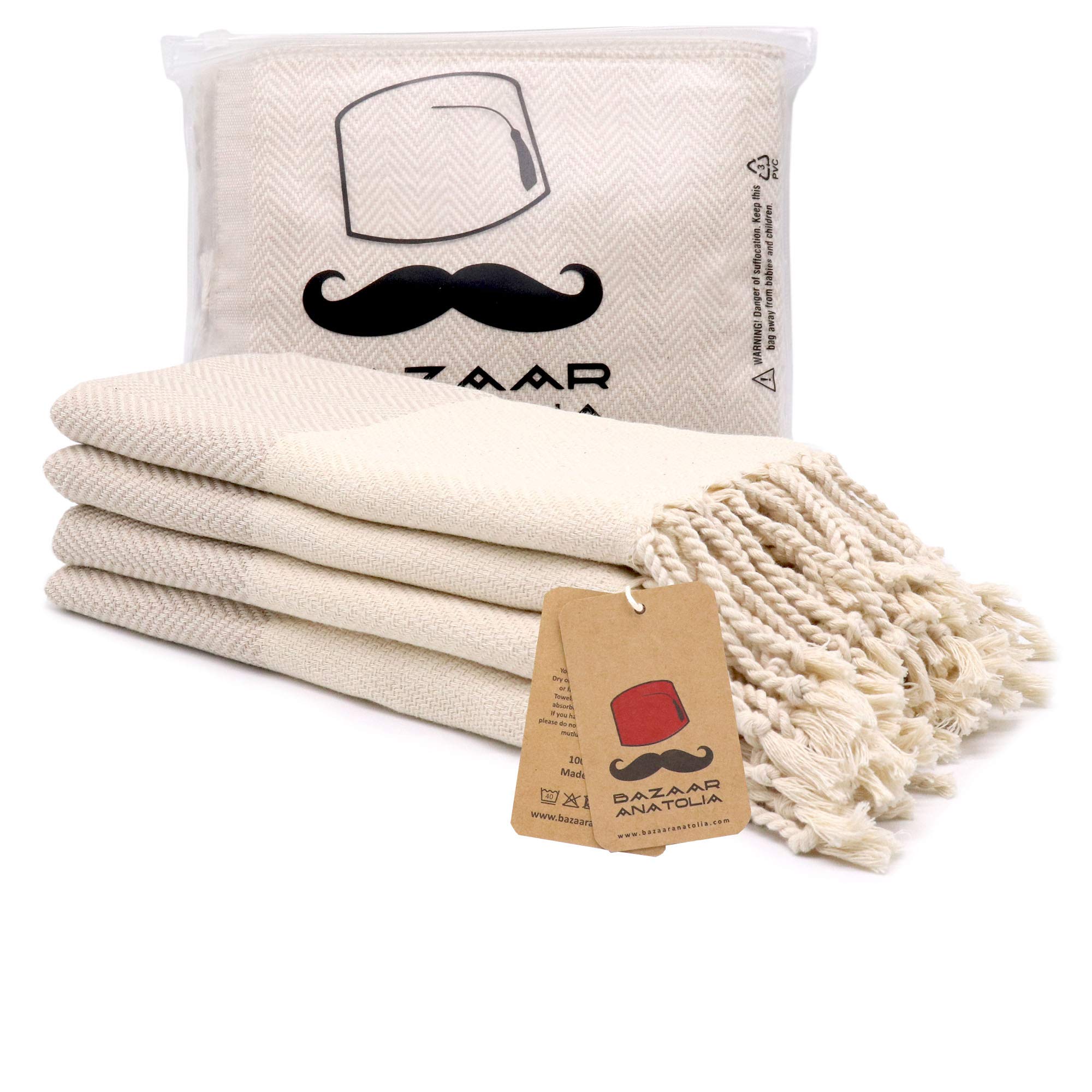 Bazaar AnatoliaTurkish Hand Towels Set of 4 Bathroom Towels 39x19 inches 100% Cotton Bath Kitchen Towels with Hanging Loop Boho Farmhouse Decor - Herringbone Beige