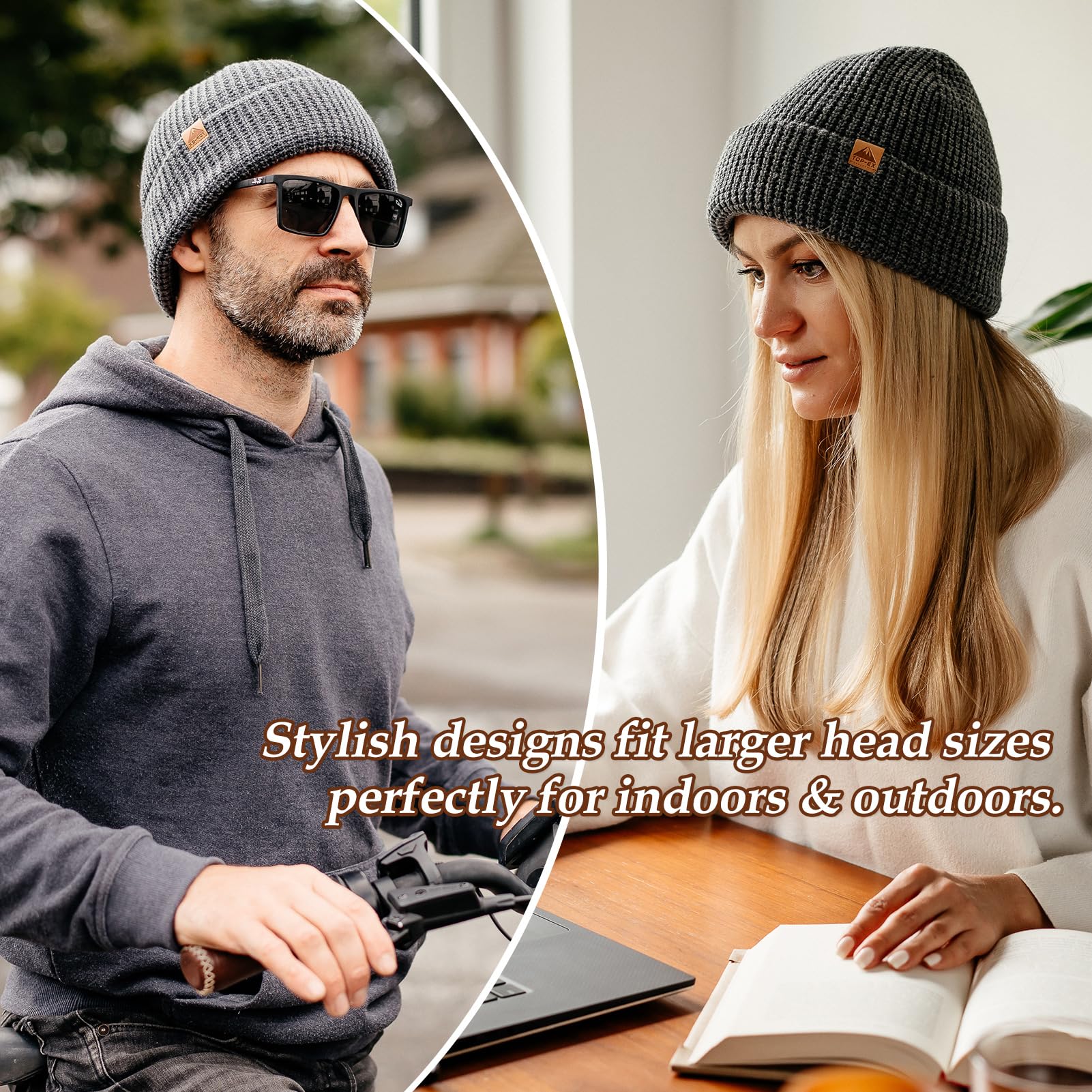Bonnet gaufré en laine mérinos mélangée L/XL/XXL - Bonnet chaud sans doublure pour temps froid d'hiver
