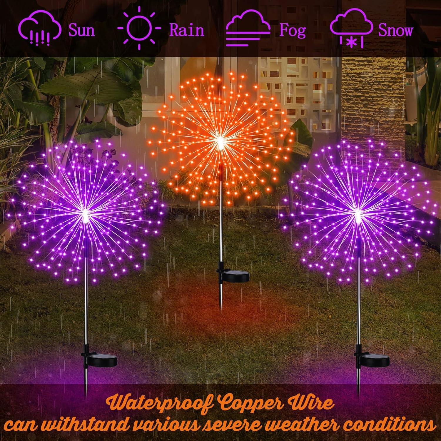 Tujoe 4 Pcs Halloween Solar Lights Solar Firework Lights 180 LED 8 Modes Outdoor Waterproof LED Stake Sparkler Christmas Decoration for Driveway Pathway Garden Patio Walkway Yard Lawn(Orange, Purple)