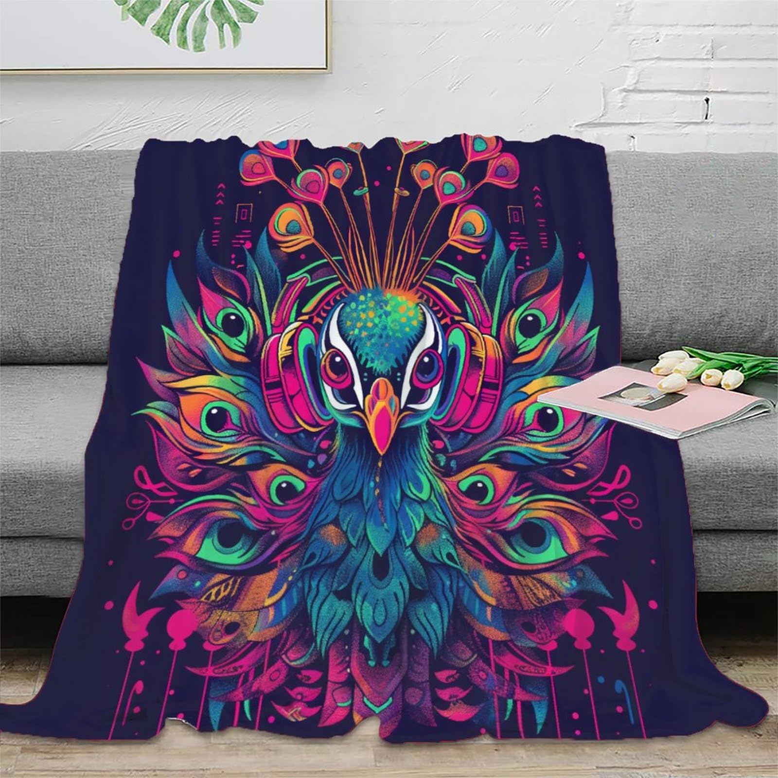 Cadeau couverture paon 3D oiseau flanelle douce pour enfant et ado