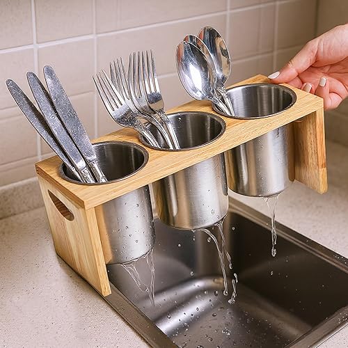 Miniatura 7 de ZOOFOX Paquete de 3 soportes para cubiertos, organizador de utensilios de acero inoxidable con base de madera, organizador de cubiertos para