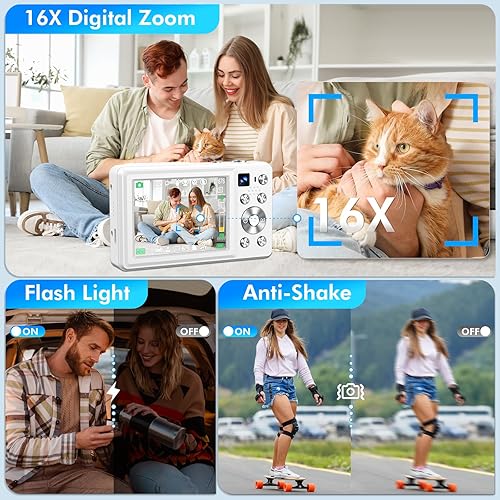 Miniatura 5 de Cámara digital 4K, cámara de enfoque automático de 64 MP con doble lente, zoom digital 16X, cámara compacta de disparo de punto de viaje para