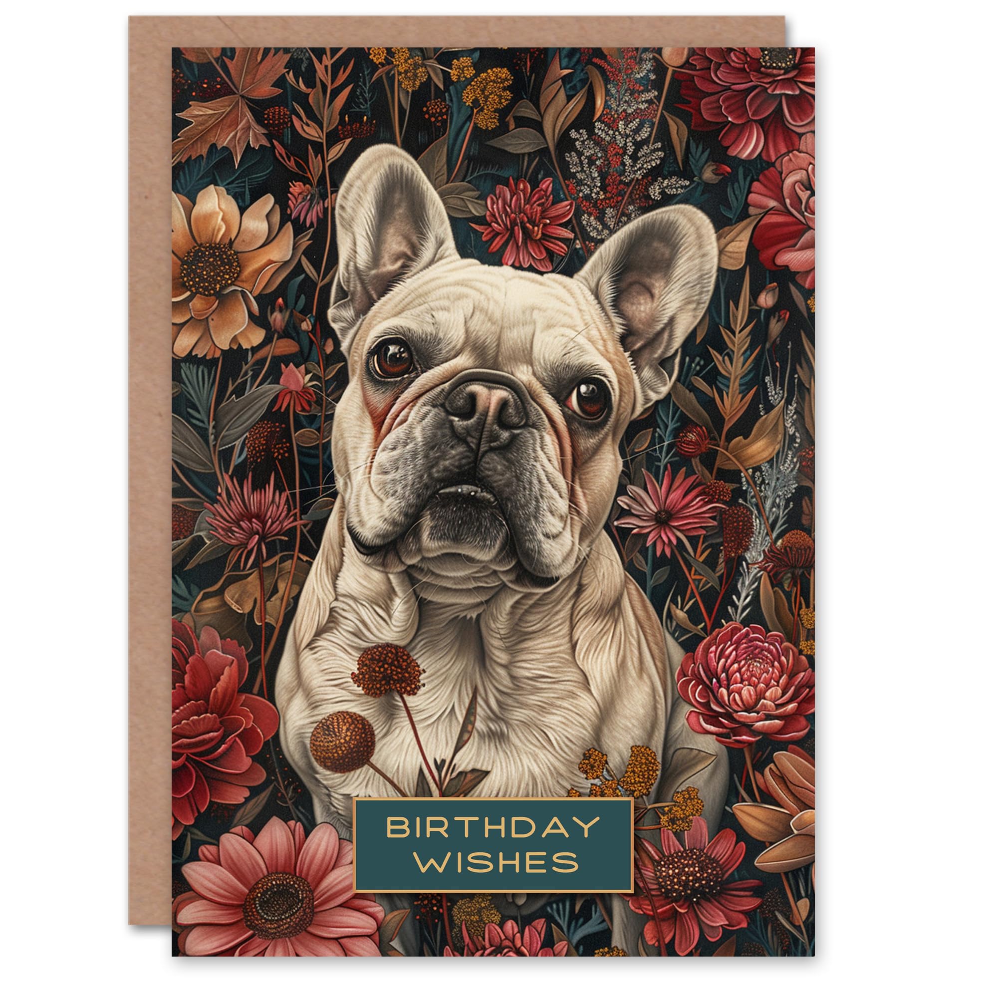 Artery8 Birthday Card Tan French Bulldog in Wildflower Garden Wishes For Him Her Man Woman Girl Boy Wife Husband Greeting Card