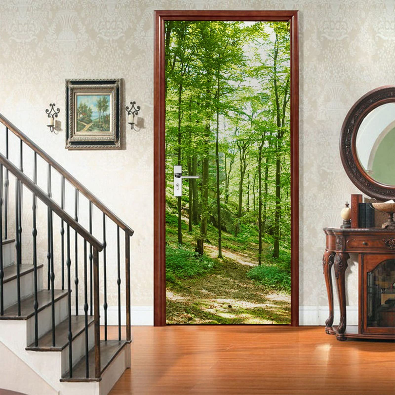 A.Monamour Adesivo Porta Autoadesiva Alberi Verdi Natura Foresta Paesaggio Vinile PVC Adesivi per Porte Interne 3D Pellicola Adesiva Poster Sticker Murale Decorazione da Parete Carta da Parati