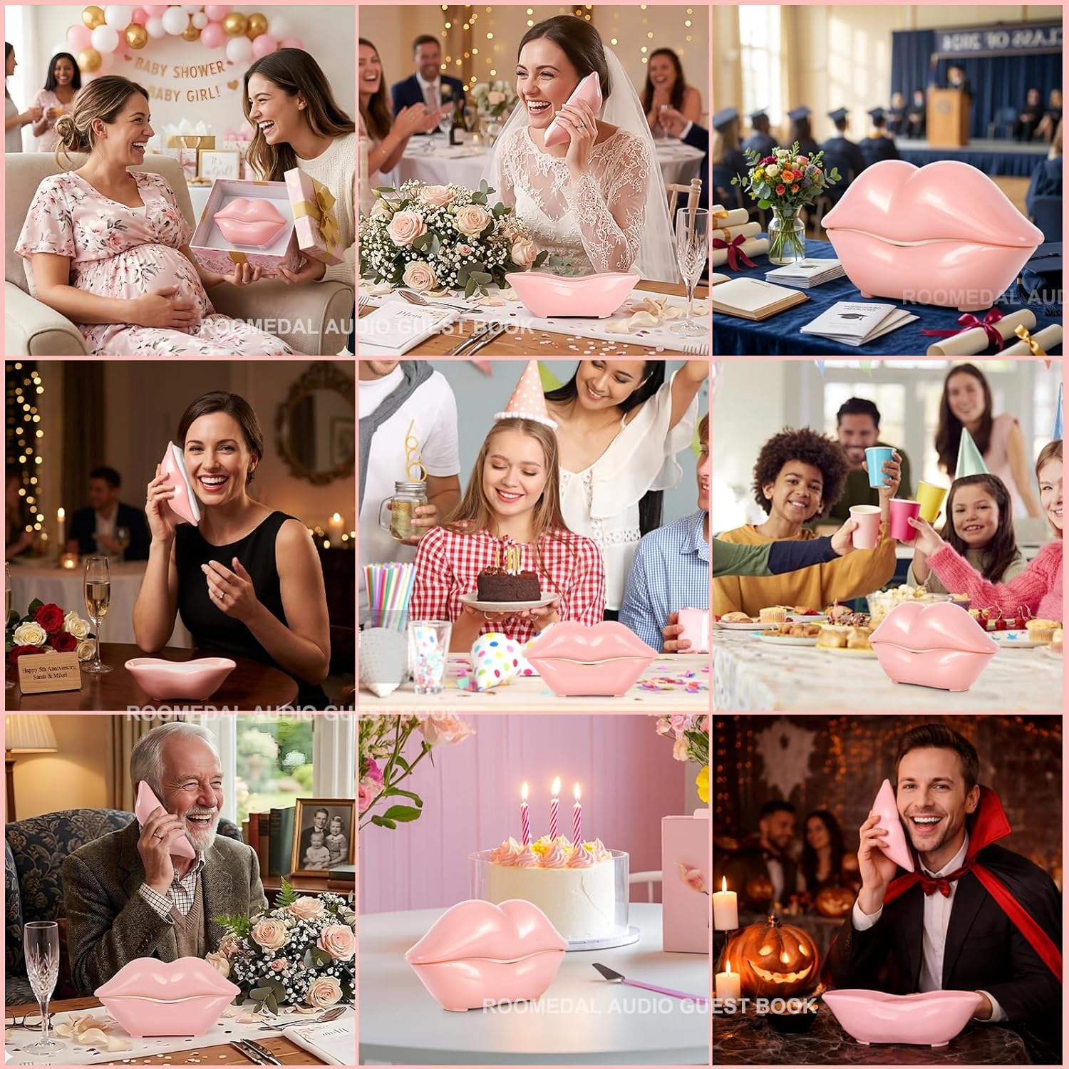 Audio Guest Book Phone for Weddings & Parties, Lip-Shaped Voicemail Recorder, Custom Message Recording, Adjustable Volume, Replay Function (Pink)