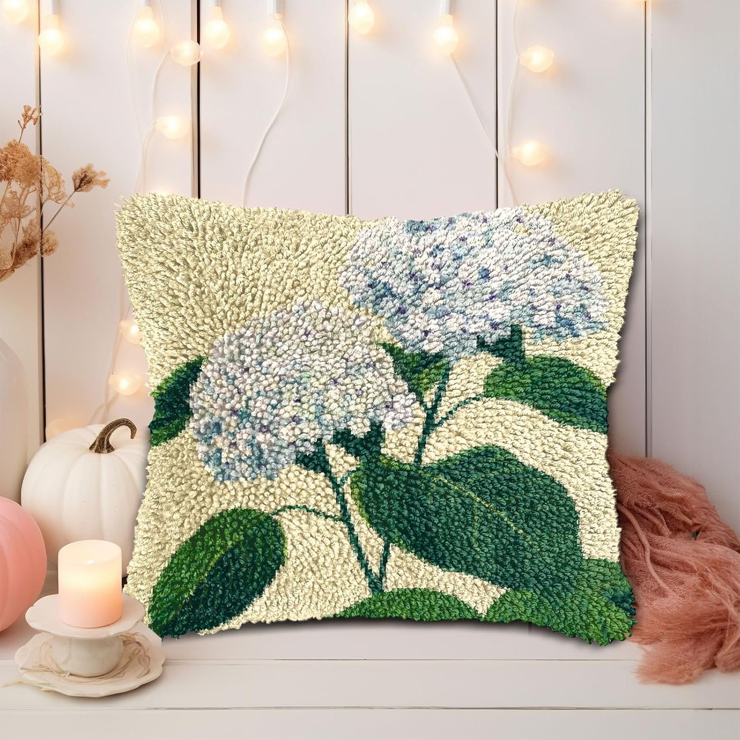 DIY Latch Hook Pillow Kits for Adults Hydrangea Flowers Printed Pillowcase Crochet Yarns Hooking Handmade Pillow Cover Cushion for Home Sofa Decoration 17x17inch-5