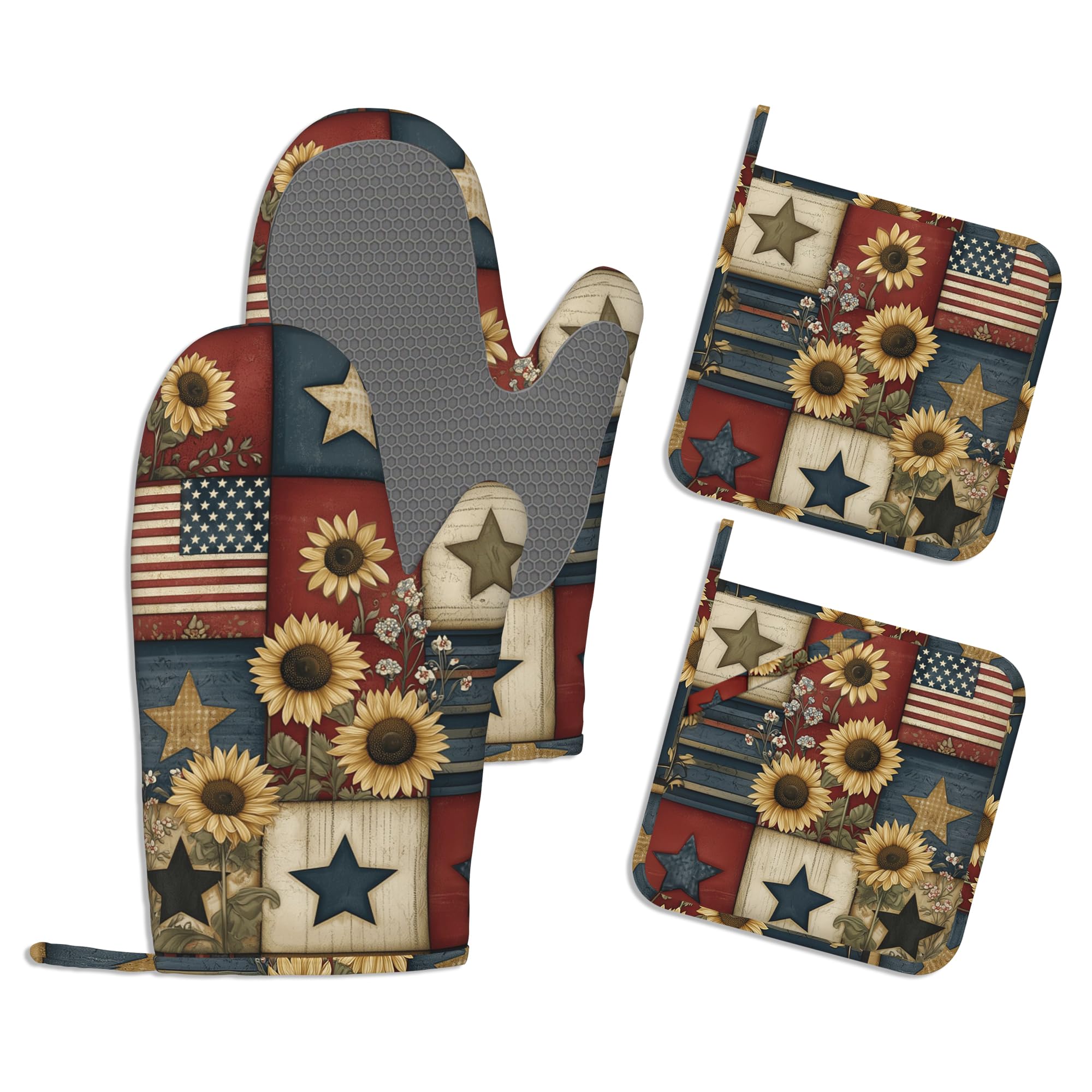 Juego de manoplas de cocina, juego de manoplas de horno y soportes para ollas, de algodón grueso, resistente al calor, bandera del 4 de julio, soporte para sartén caliente, guantes de cocina
