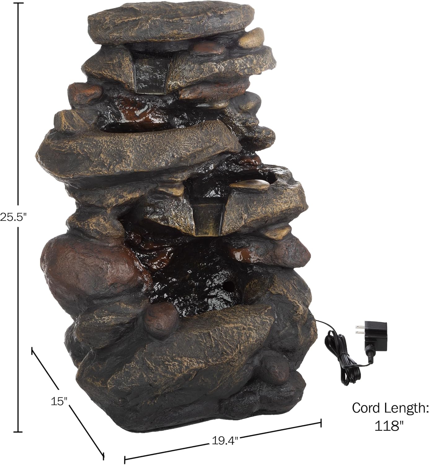 Outdoor Water Fountain - 3-Tier Rock Outdoor Waterfall Fountain with Lights - 25.5” LED Fountain Yard Patio Decor - Outdoor Fountains by Pure Garden