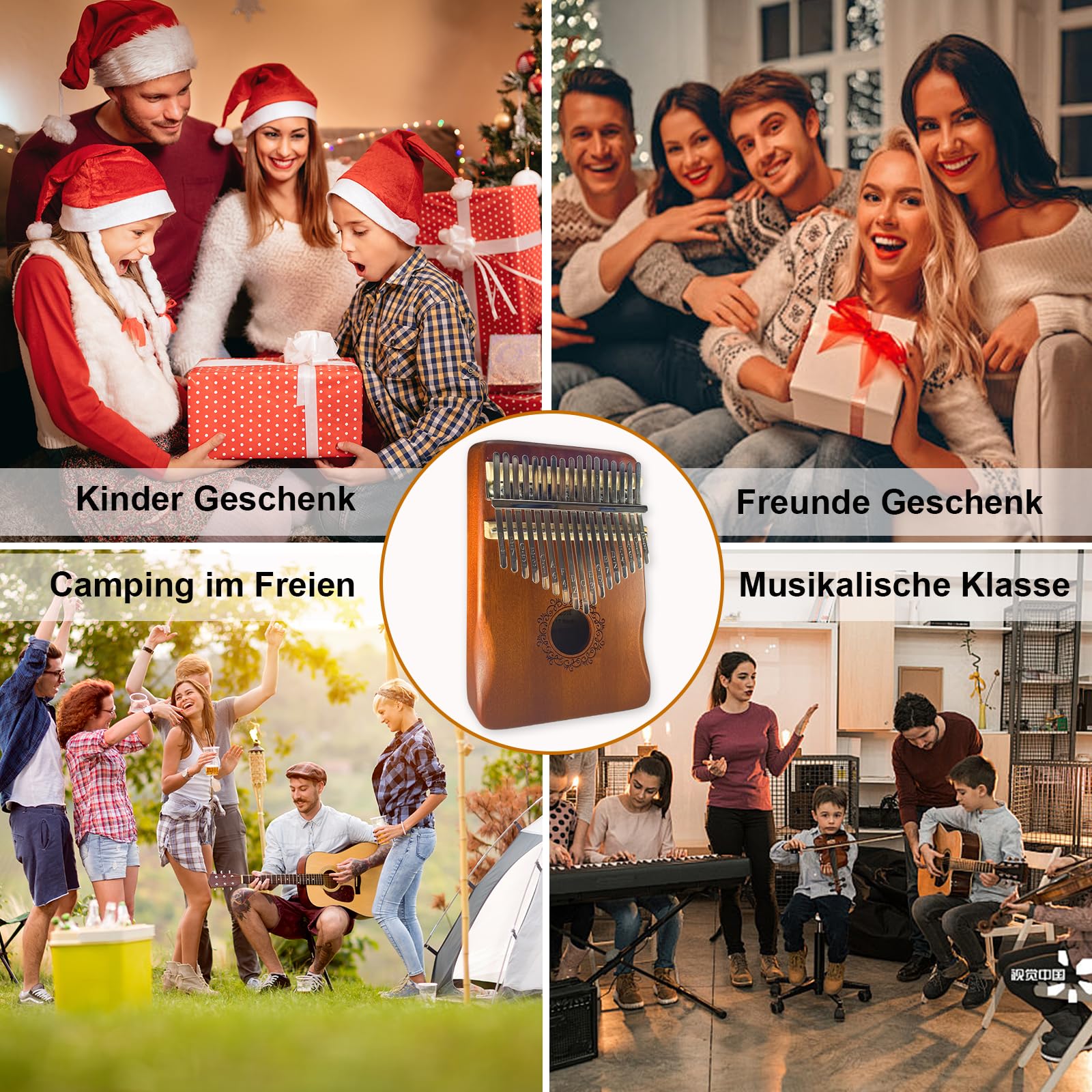 Kalimba - 17 Keys Instrument Mit Lernwerkzeuge, Finger Percussion, Professionelles Daumenklavier für Kinder, Erwachsene und Musikliebhaber (Braun)
