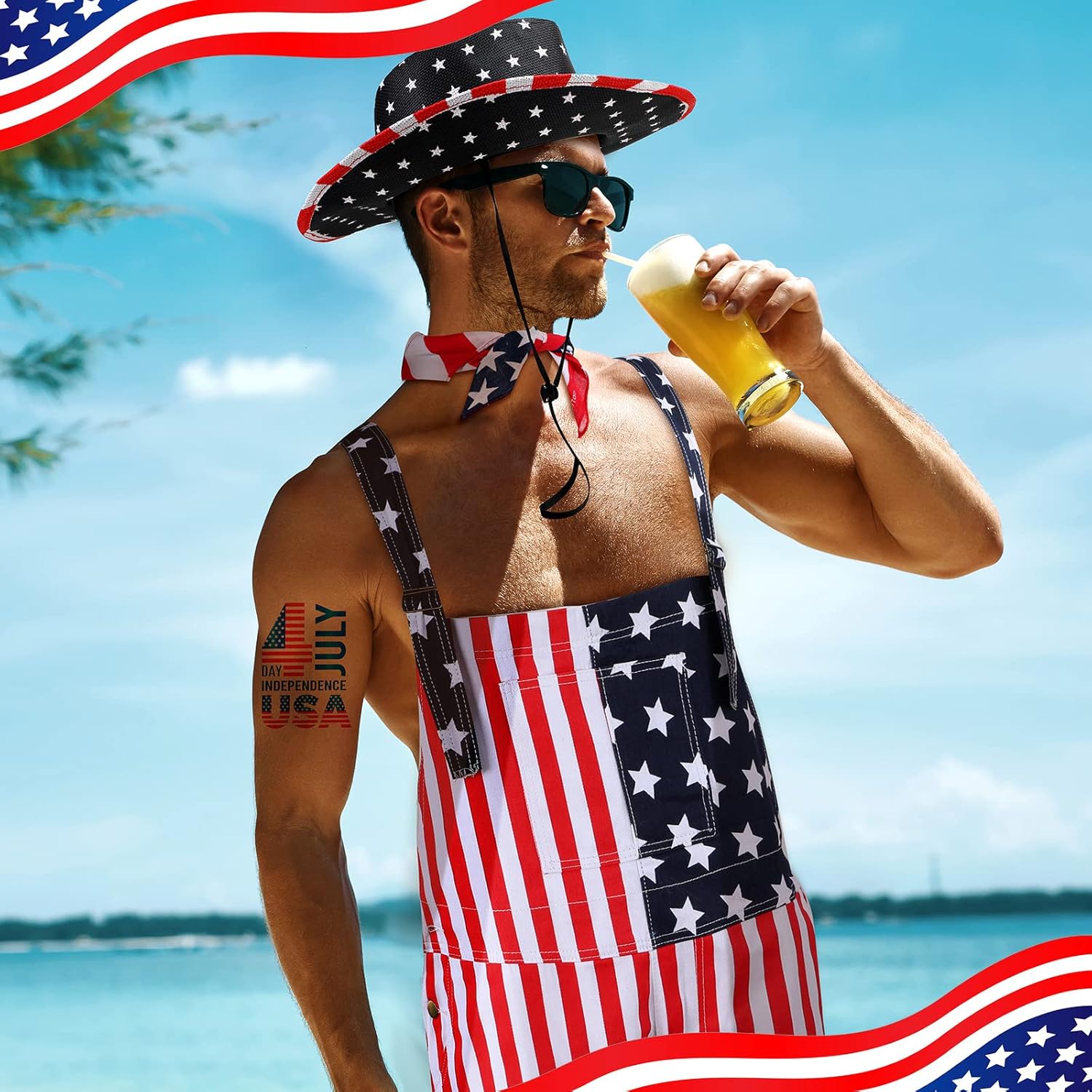Mepase 15 Pcs American Flag Overalls for Men Women 250 Anniversary 4th of July Overalls Cowboy Hat Sunglasses Sock Stickers