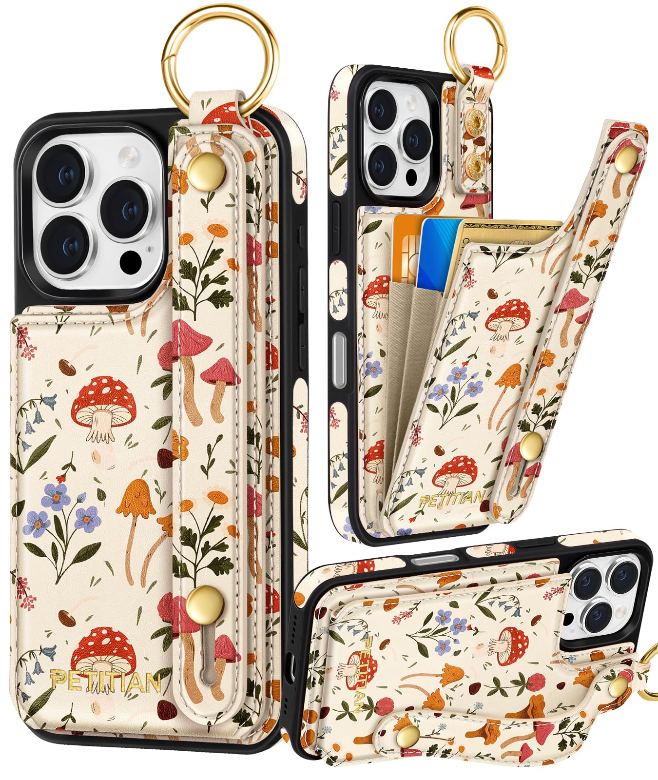 Petitian for iPhone 16 Pro Max Case Wallet - Women Girls Cute Girly Aesthetic Unique Design Leather Credit Card Holder Cardholder Stand Wristband for