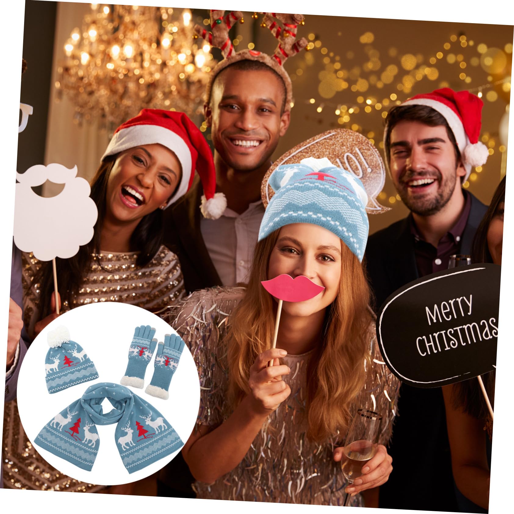 Ipetboom Weiches Warmes Weihnachts Strickset Damen Mütze Schal Handschuhe Winddicht Gestrickt Kuschelig für Winter Ski Party Familie Vielseitig Blau