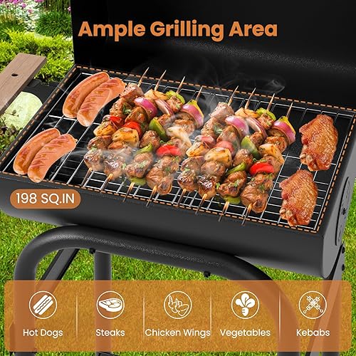 Miniatura 5 de Giantex Parrilla de carbón portátil con mesa auxiliar plegable, parrilla para ahumar barbacoa al aire libre con ruedas, termómetro, ventilación de