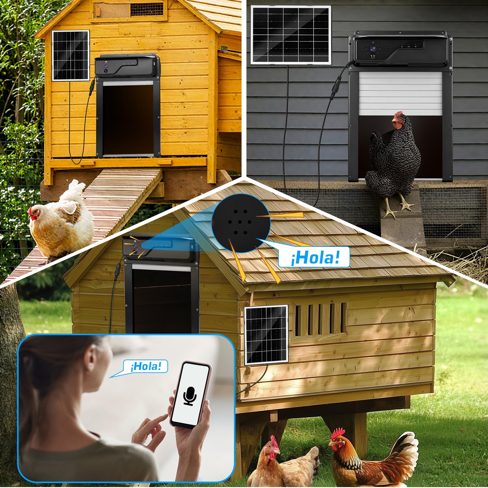 Puerta Gallinero Automatica Solar con Cámara 1080P, Control por Aplicación y WiFi, Visualización Estado Puerta en Tiempo Real, Función de Aviso sonoro y Temporizador, Batería 5000 mAh