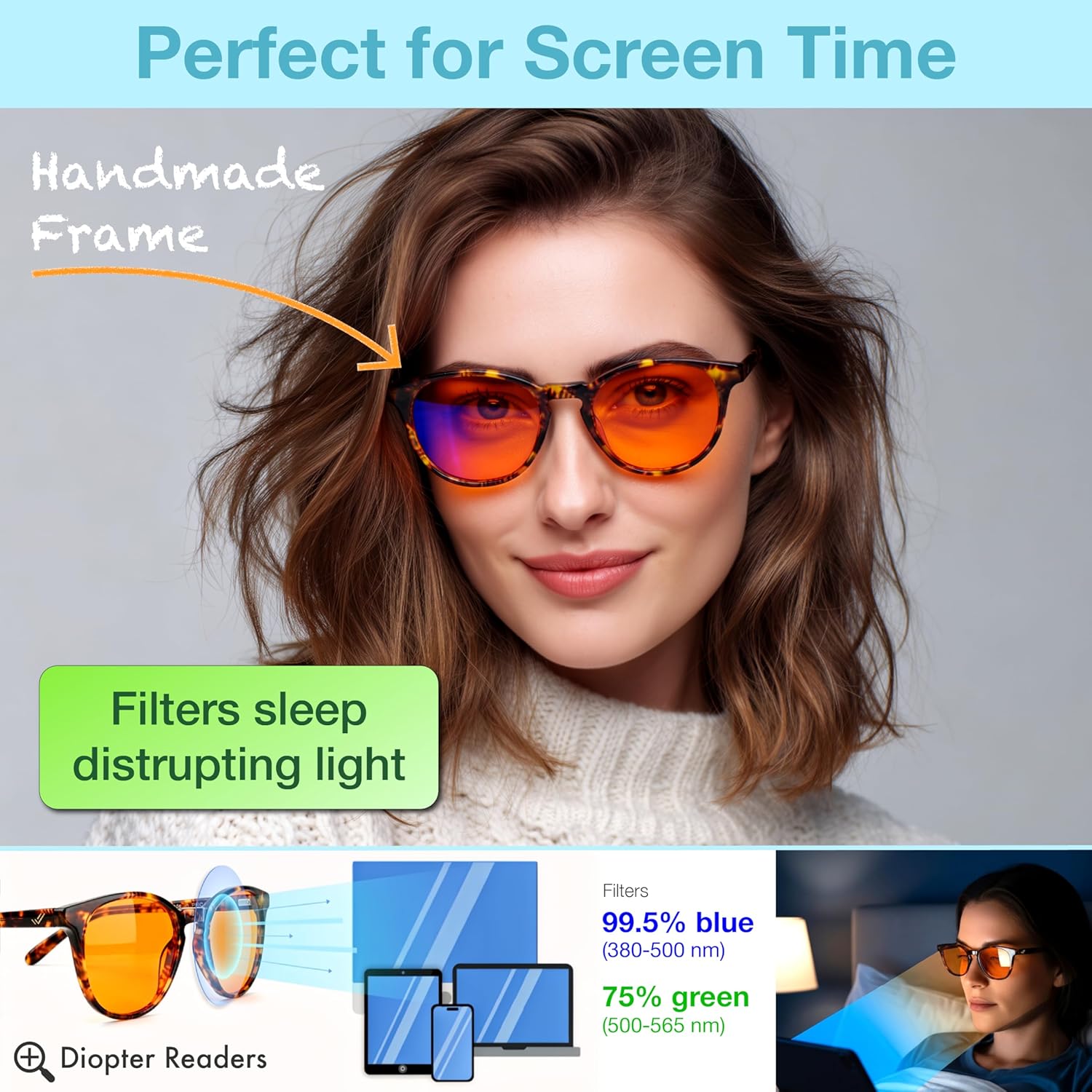 +1.0 +1.5 +2.0 +2.5 Orange Blue Light Blocking Reading Glasses for Better Sleep - Migraine Glasses for Women & Men