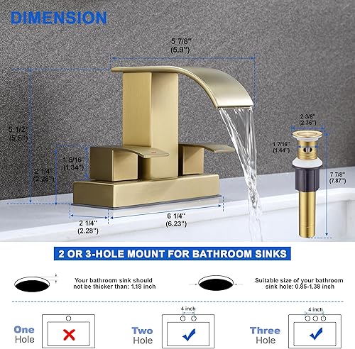 Miniatura 3 de J-HVA Grifo de baño de cascada de oro cepillado con drenaje emergente, 2 manijas de 4 pulgadas, grifo central para lavabo de baño