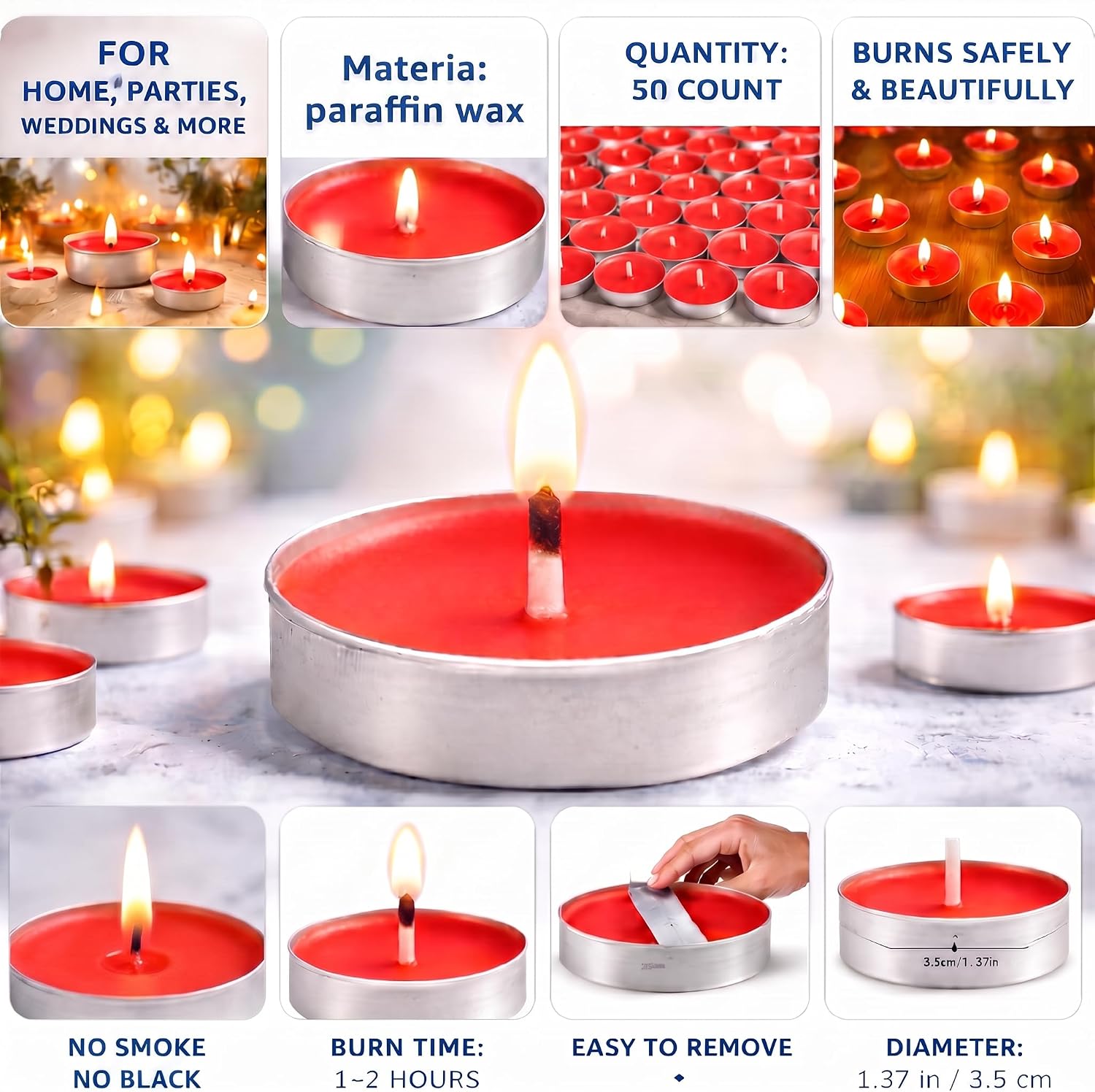 50 Pack Tealight Candles, Red Mini Tea Lights Candle, Round