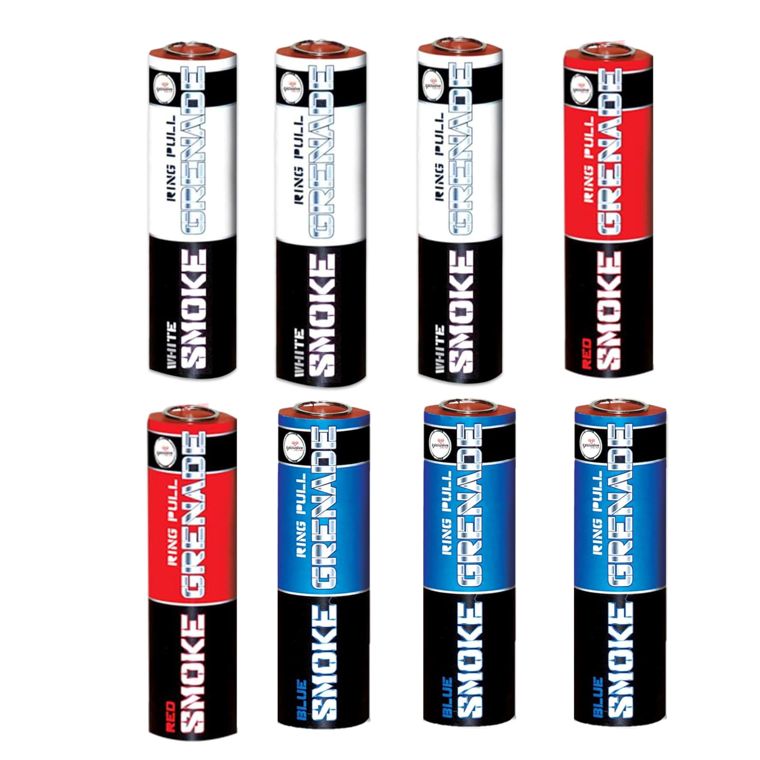 EXCLUSIVE ONLINE Pack of 8 Mixed Colour Ring Pull Smoke Grenades with Ideal for Paintball Weddings Photoshoots & Special Effects (3 white 2 Red 3 Blue)