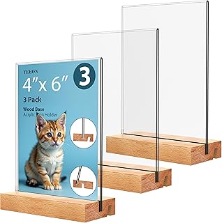 4x6 Inch 3 Pack Acrylic Sign Holder with Wooden Base, Desktop Display Stand (4x6 3Pack)