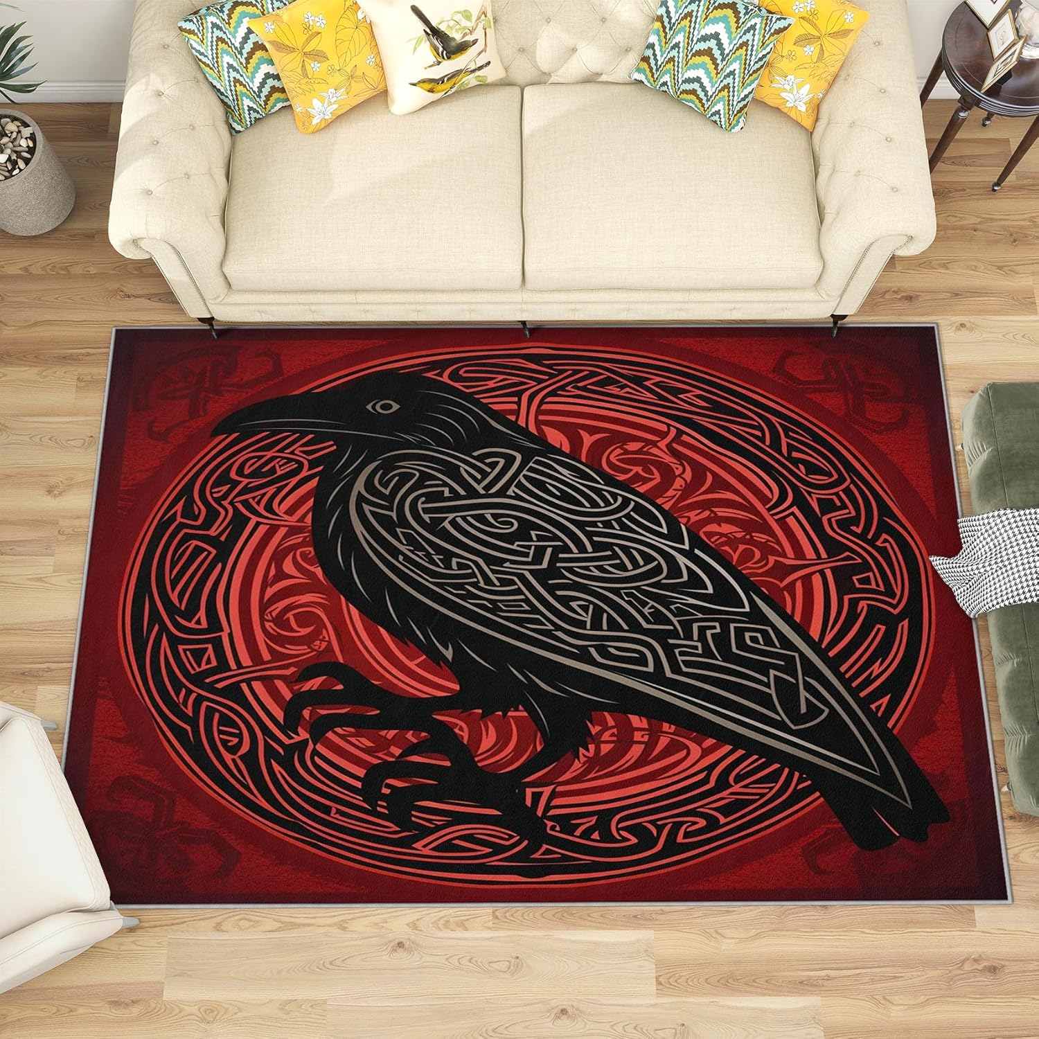 Viking Rugs for Living Room - 5x6 Rug - Viking Rug - Norse Mythology Crow Area Rug - Raven Rugs - Black and Red Carpet - Soft Washable Non Slip Low Pile Home Decor