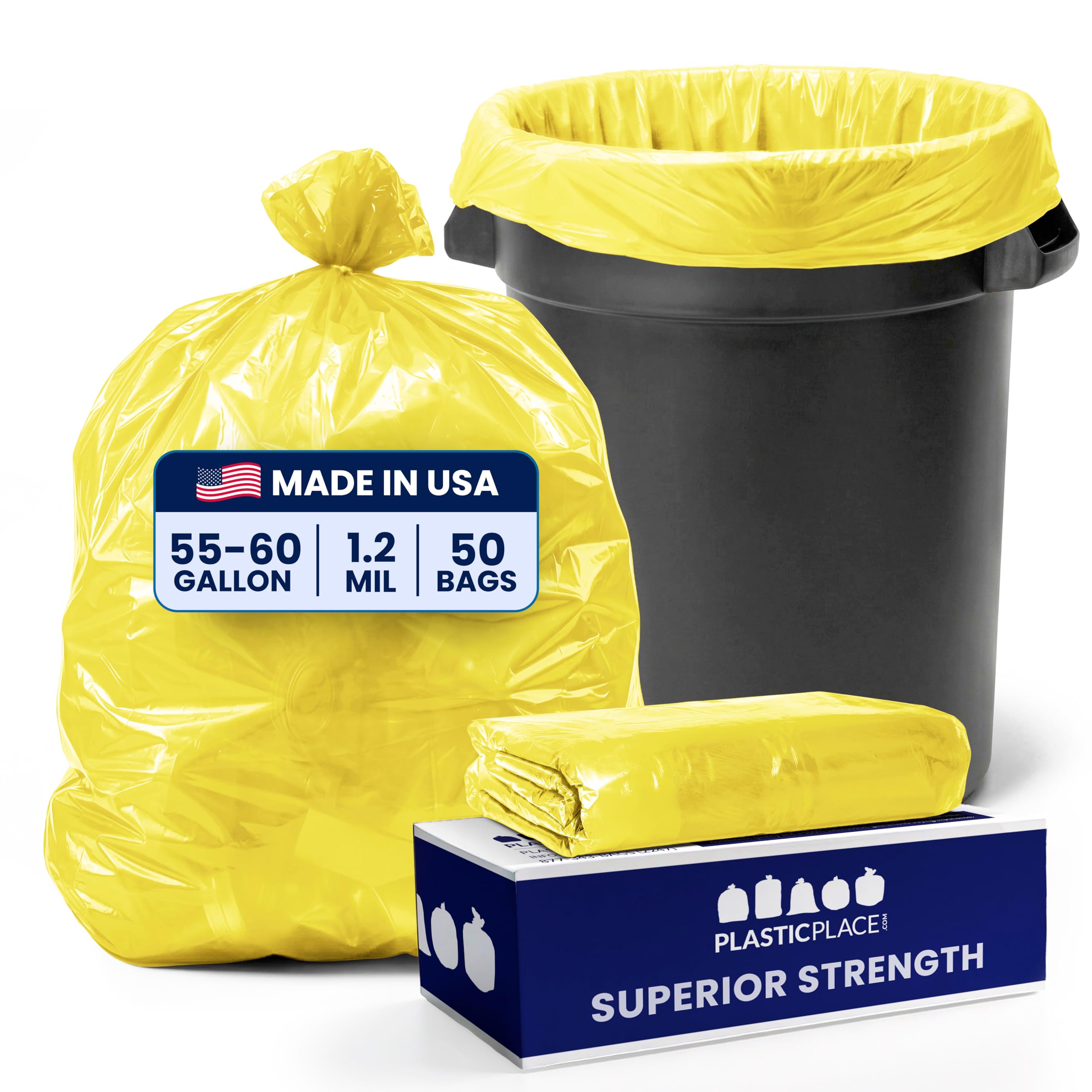 Plasticplace T55120YL worki na śmieci o pojemności 55–60 galonów │ 1,2 Mil │ żółte wytrzymałe pojemniki na śmieci │ 97 x 147 cm (50 szt.)