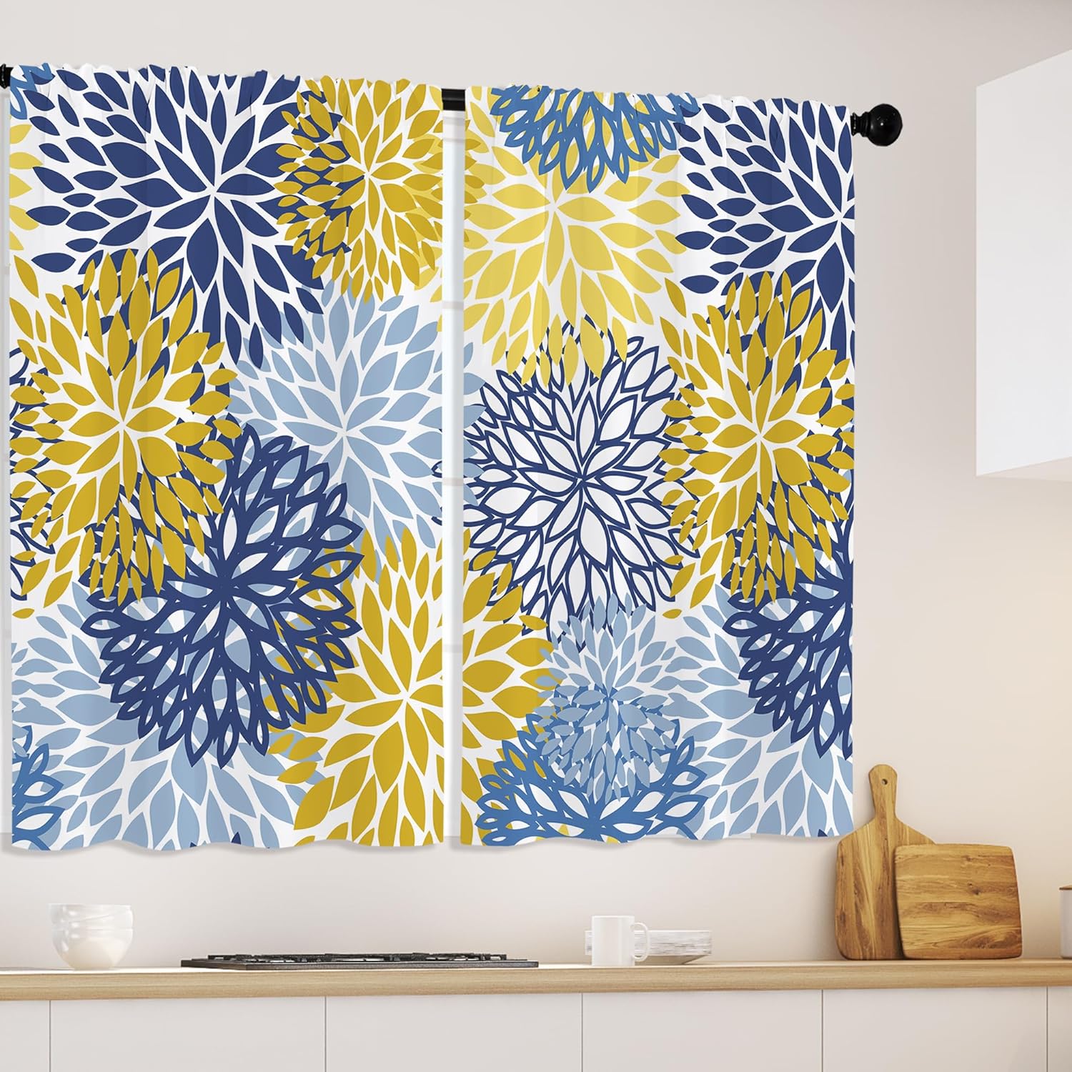 Opeoddie Blue and Yellow Kitchen Curtains Boho Floral Navy