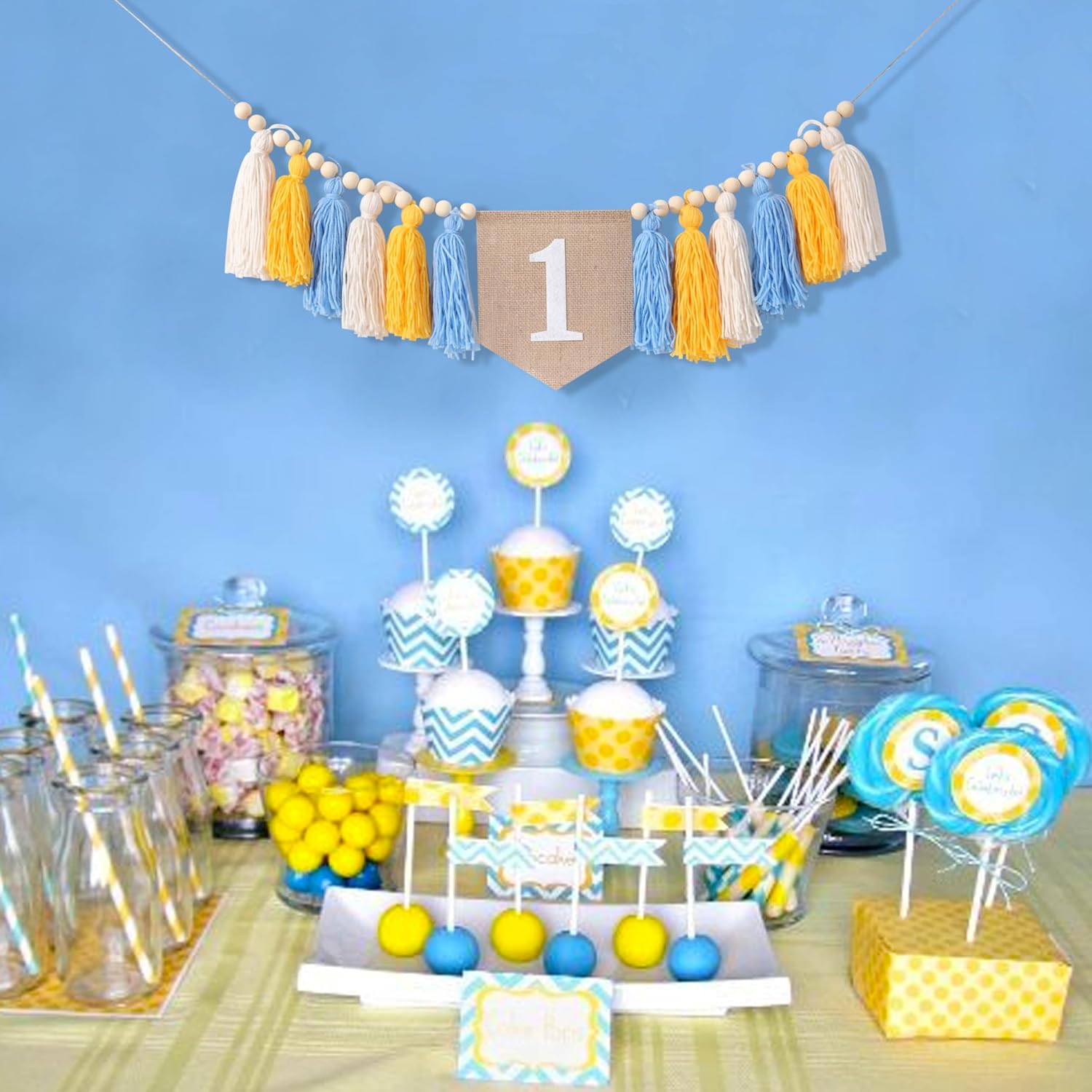 1st Birthday Banner - Pink Tassel Theme for Girl - First Birthday Party Decor - Photo Backdrop - Wall Hangings for Kids Bedroom Nursery (Yellow Blue)