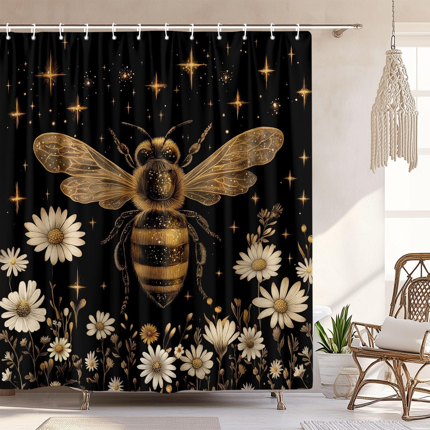 Rustic Boho Sunflowers Bee Shower Curtain, Vintage Chic Country Floral Botanical Floral Plant Farmhouse Cottagecore Aesthetic Shower Curtain Set with Hook, Beige Yellow Bath Curtain 72X78 Inch