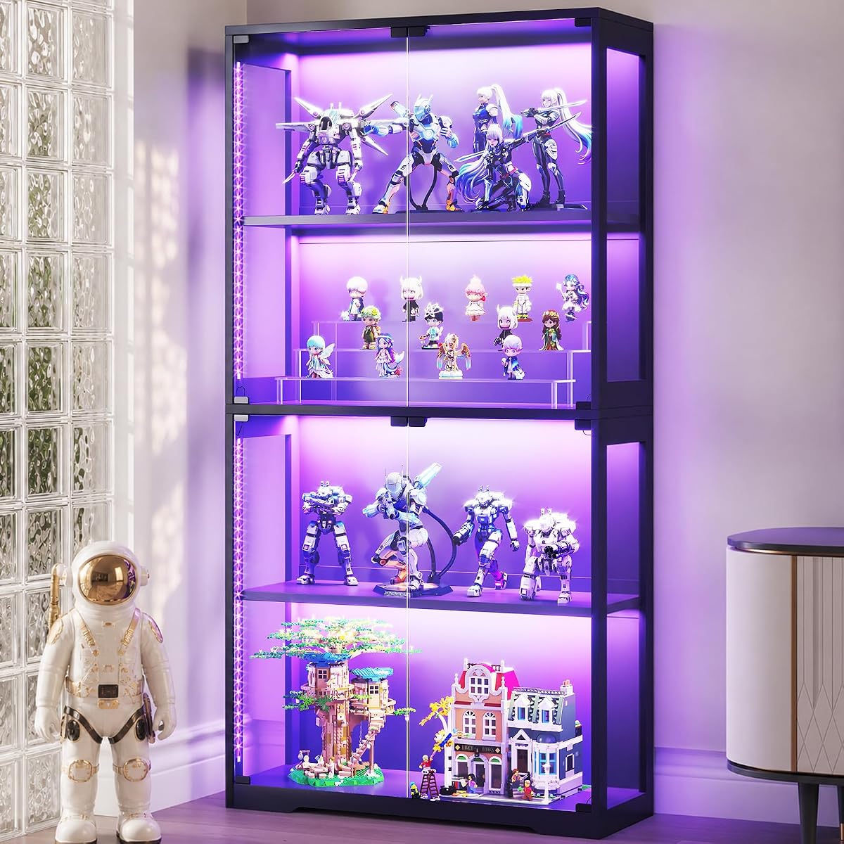 AODK Display Case with Glass Doors & RGB LED Light, Glass Display Cabinet | 4-Tier Display Shelf Storage Cabinet for Collectibles, Black Curio Cabinet for Showcase, Book Case