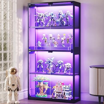 AODK Display Case with Glass Doors & RGB LED Light, Glass Display Cabinet | 4-Tier Display Shelf Storage Cabinet for Collectibles, Black Curio Cabinet for Showcase, Book Case