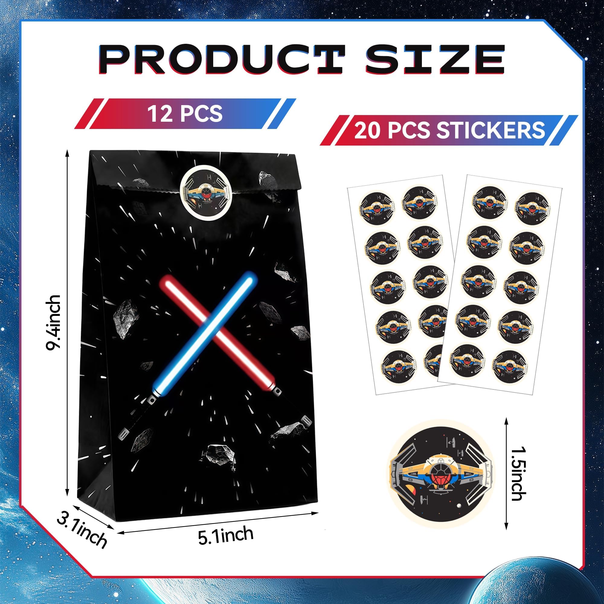 FestiVex 12Pcs Black Galaxy Goodie Paper Bags with Airship Stickers, Space Themed Candy Bags for Birthday Party Favors, Baby Shower, Video Game Party Decorations for Kids and Teens (12)