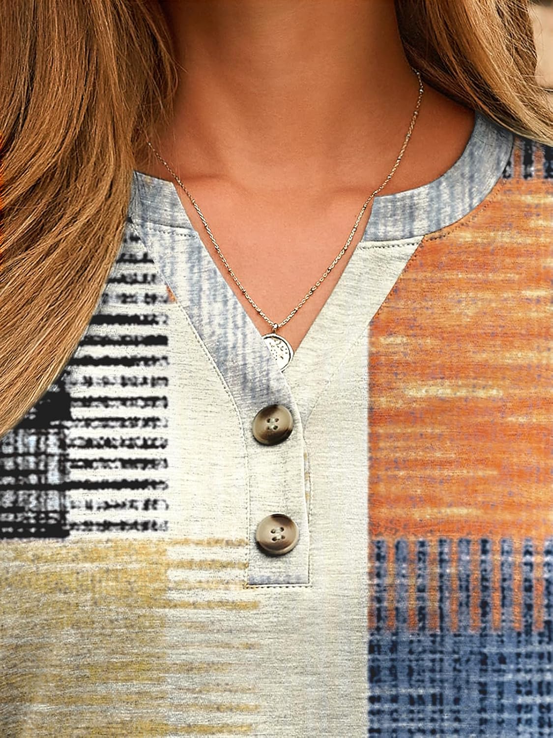 Dealmore Women's Boho Henley Shirts - Soft Stretch Long Sleeve Blouses, Casual Printed V-Neck Tunic Tops - Image 5