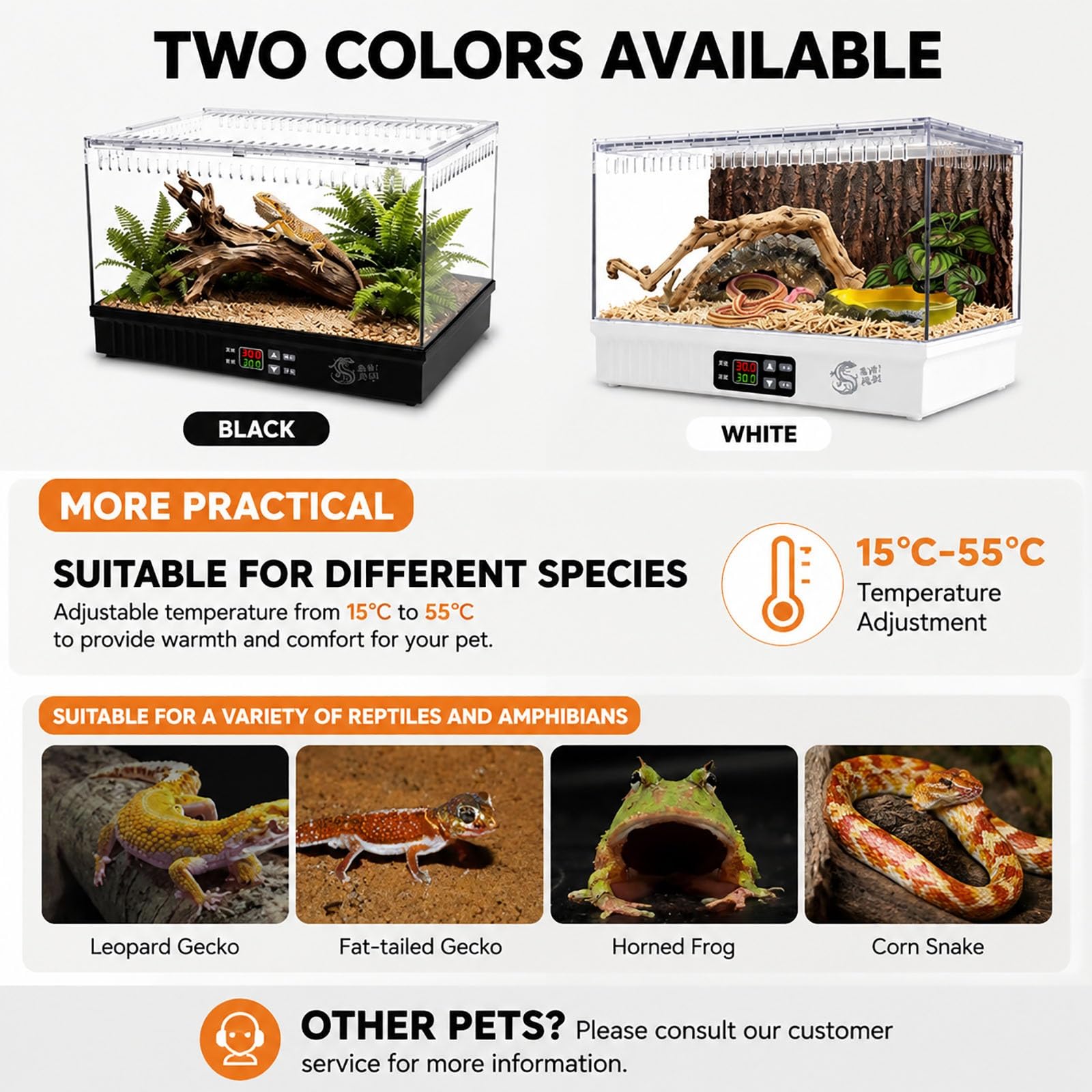 Terrario de Reptiles con Termostato Inteligente, Vivario de Doble Zona con Calefacción y Enfriamiento, Hábitat Transparente de Vista Completa, Temperatura Ajustable 15℃-55℃ para Gecko Leopardo(Black)
