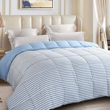 EDILLY All Season Reversible Quilted Down Alternative King Size Comforter Plush Microfiber Fill Machine Washable Duvet Insert Stand-Alone Comforter Stripe Blue