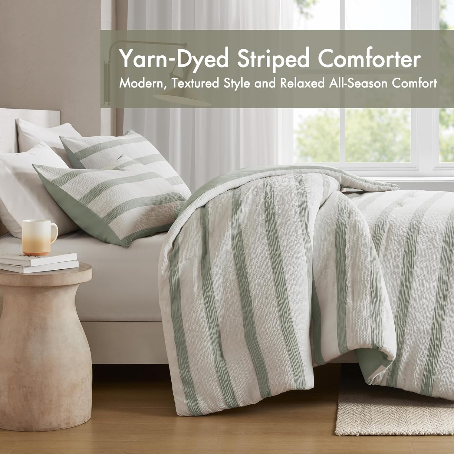 Madison Park Essentials Striped Comforter Set Twin Size, Yarn-Dyed Reversible Comforter with Minimalist Stripes, Crinkled Texture Bedding Set for All-Season Lightweight Warmth, Merritt Sage Green
