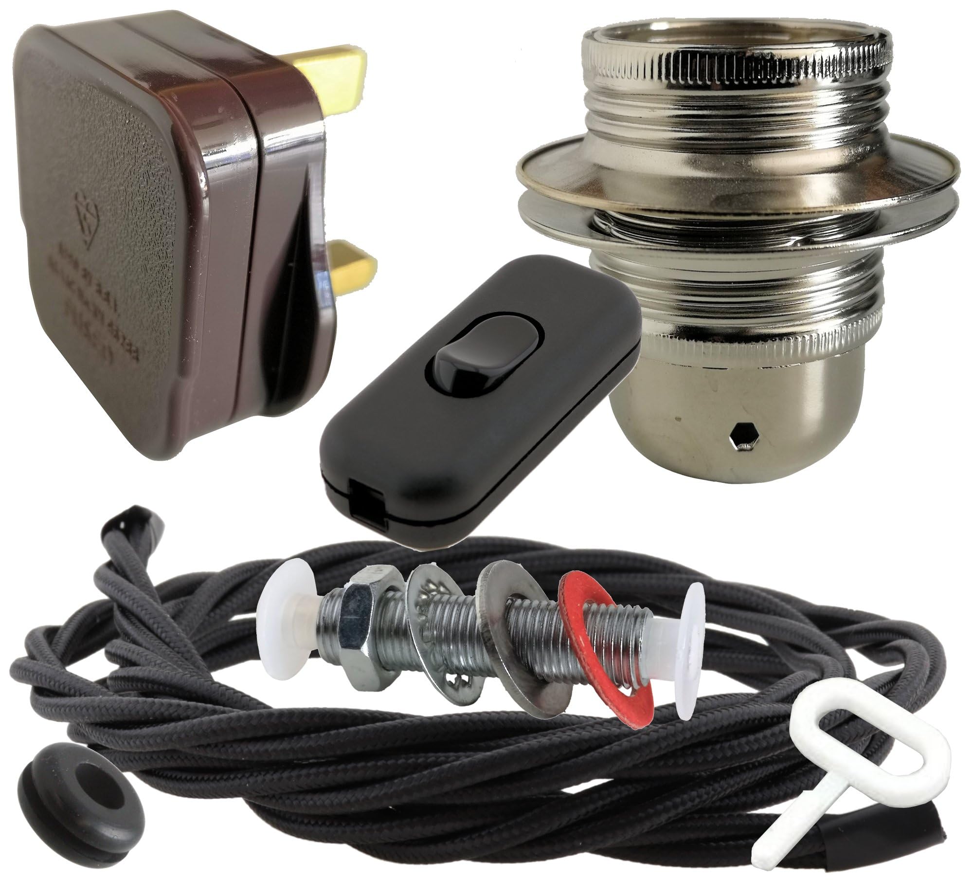 Art Deco Emporium Lamp Repair and Service Kit|Brown Plug|Black Flex|Black Switch|E27 Chrome Finish Lamp Holder Holder