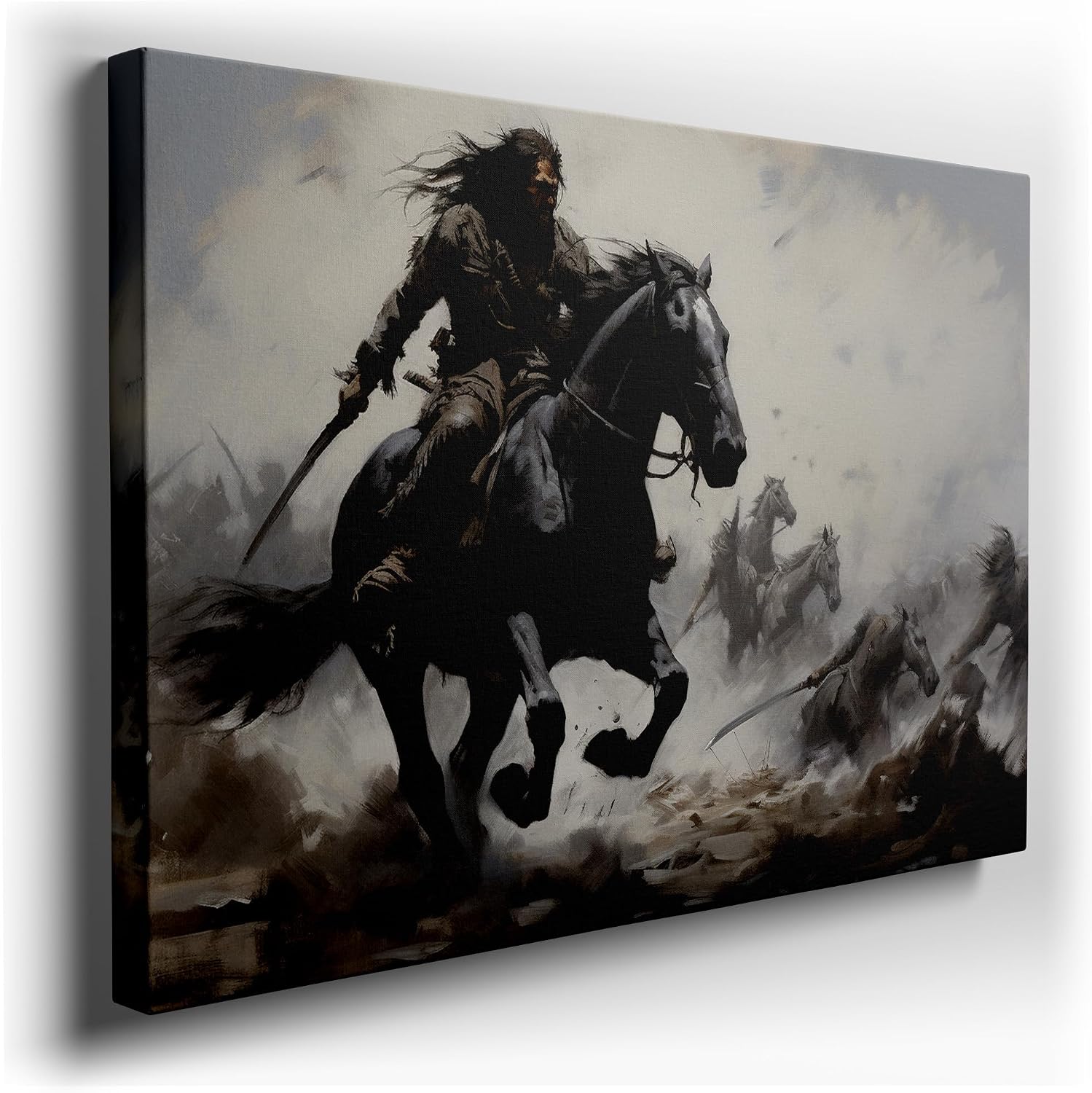 Canvas for Living Room. Charging into The Fray: A Warrior's Dual-Blade Fury Unleashed, 27 x 18 inch Canvas Wall Art - Ready to Hang