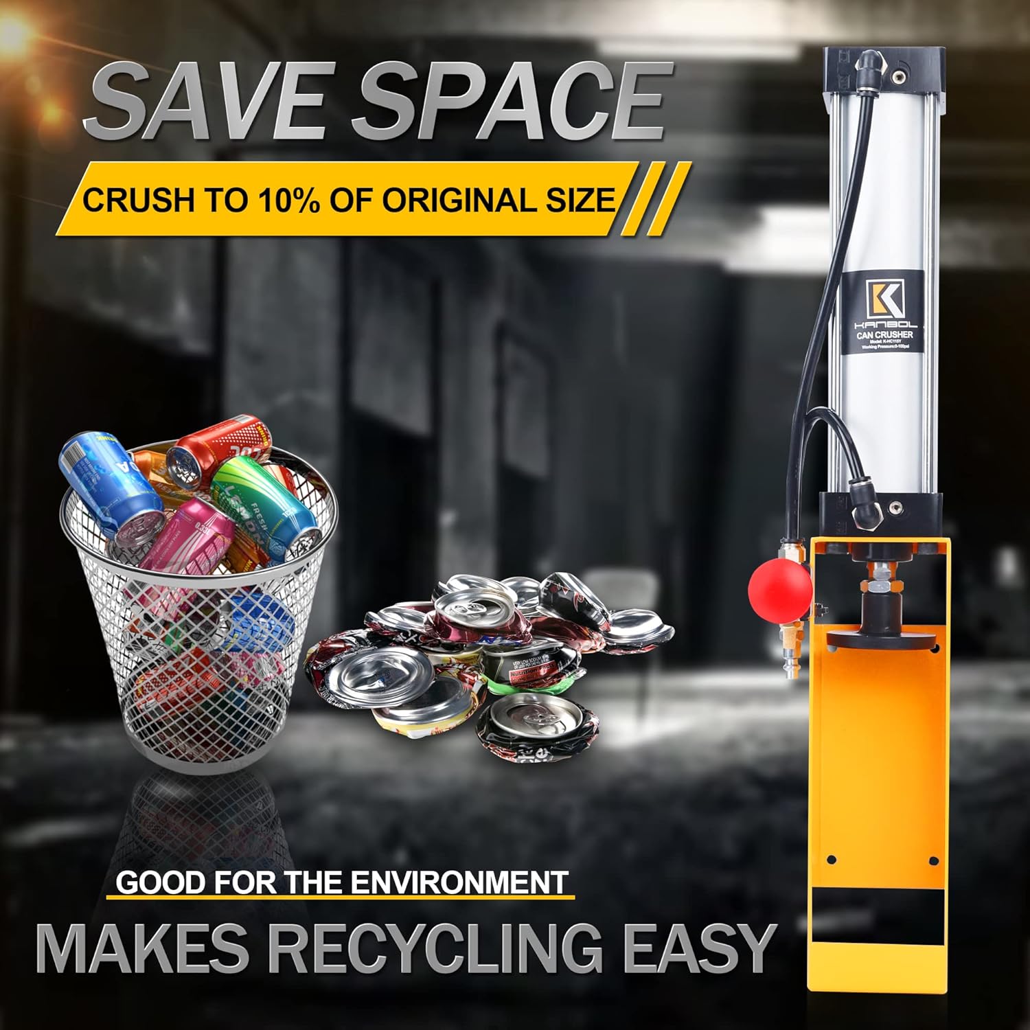 Yellow Hand Valve Aluminum Can Crusher, Heavy Duty Pneumatic Cylinder Soda Beer Can Crusher for Recycling and Crushing 12 oz and 16 oz Cans