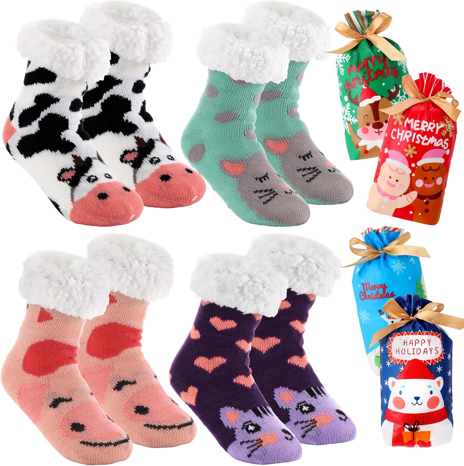 Foaincore 4 Pairs Kids Boy Girls Fuzzy Slipper Socks with Grippers Cozy Non Slip Winter Socks Cute Animal Kid Christmas Socks
